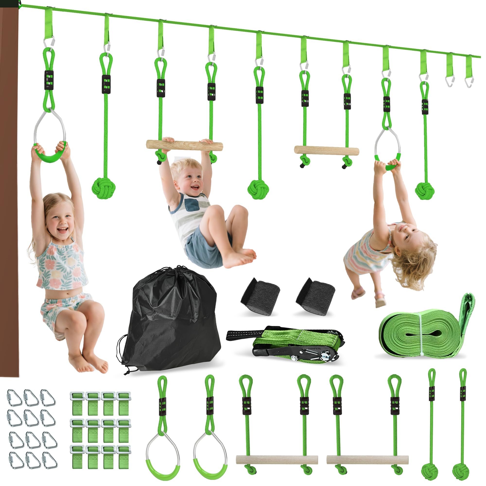 AIYAPLAY Parcours d'obstacles Ninja pour Enfants 10 m Charge 50 kg Slackline et Sac de Transport, équipement de Jeu extérieur pour Filles et garçons, Installation Facile, Bois de Sapin et PP, Vert