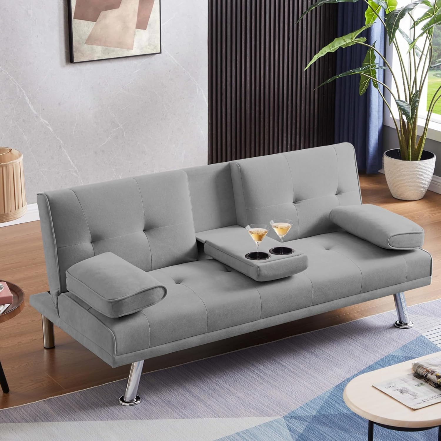 Folding Sofa Bed,Velvet Futon Sofa Couch for Living Room,Convertible Recliner Sleeper Sofa Bed,Adjustable Loveseat w/Removable Armrests,2 Cupholders,Light Gray