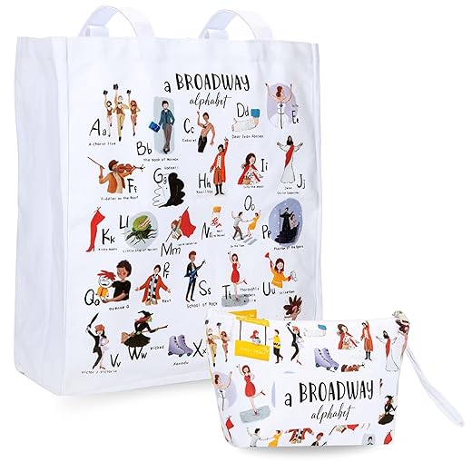 UTOPISH Broadway Gifts Tote bag and Cosmetic Bag set - A Broadway Alphabet-themed Musical Theater Gifts for Theater Lovers, Large 16x14 inches Tote Bag