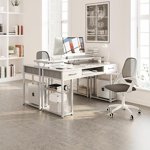 Miniatura 7 de ODK Escritorio de oficina para computadora de 48 pulgadas con puerto de carga USB y bandeja para teclado, escritorio con 2 cajones y soporte para