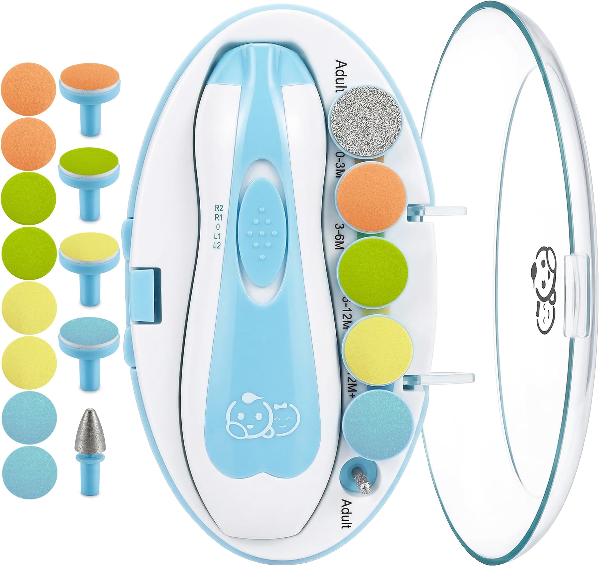 Upgraded 21 in 1 Baby Nail Trimmer with Labeled Case, 13 Extra Replacement Pads, Safe Electric Baby Nail File Kit for Newborns & Toddlers, Whisper Quiet Nail Clipper with LED Light (Blue)