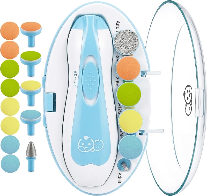 Upgraded 21 in 1 Baby Nail Trimmer with Labeled Case, 13 Extra Replacement Pads, Safe Electric Baby Nail File Kit for Newborns & Toddlers, Whisper Quiet Nail Clipper with LED Light (Blue)