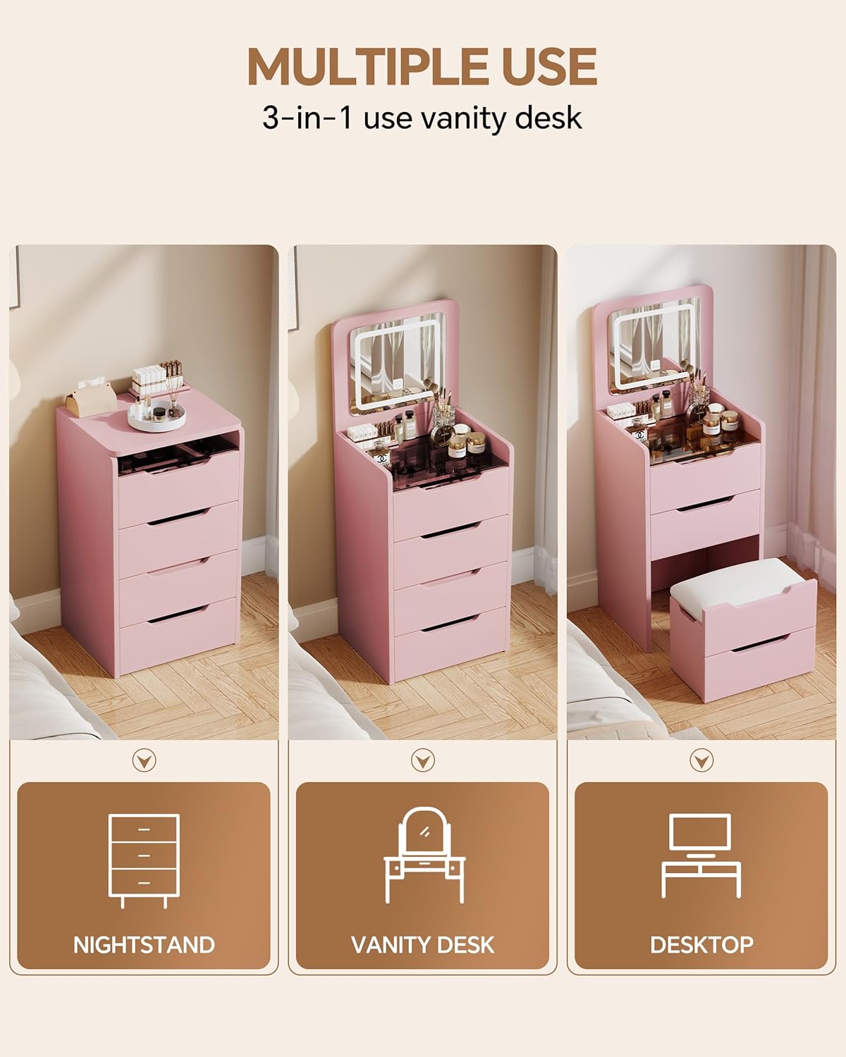 Small Pink Makeup Vanity Desk with 3 Colors LED Lighting, 3-in-1 Vanity Desk with Flip Top Mirror, Compact Vanity Table with Stool for Small Space, Storage Makeup Dressing Table (Pink)
