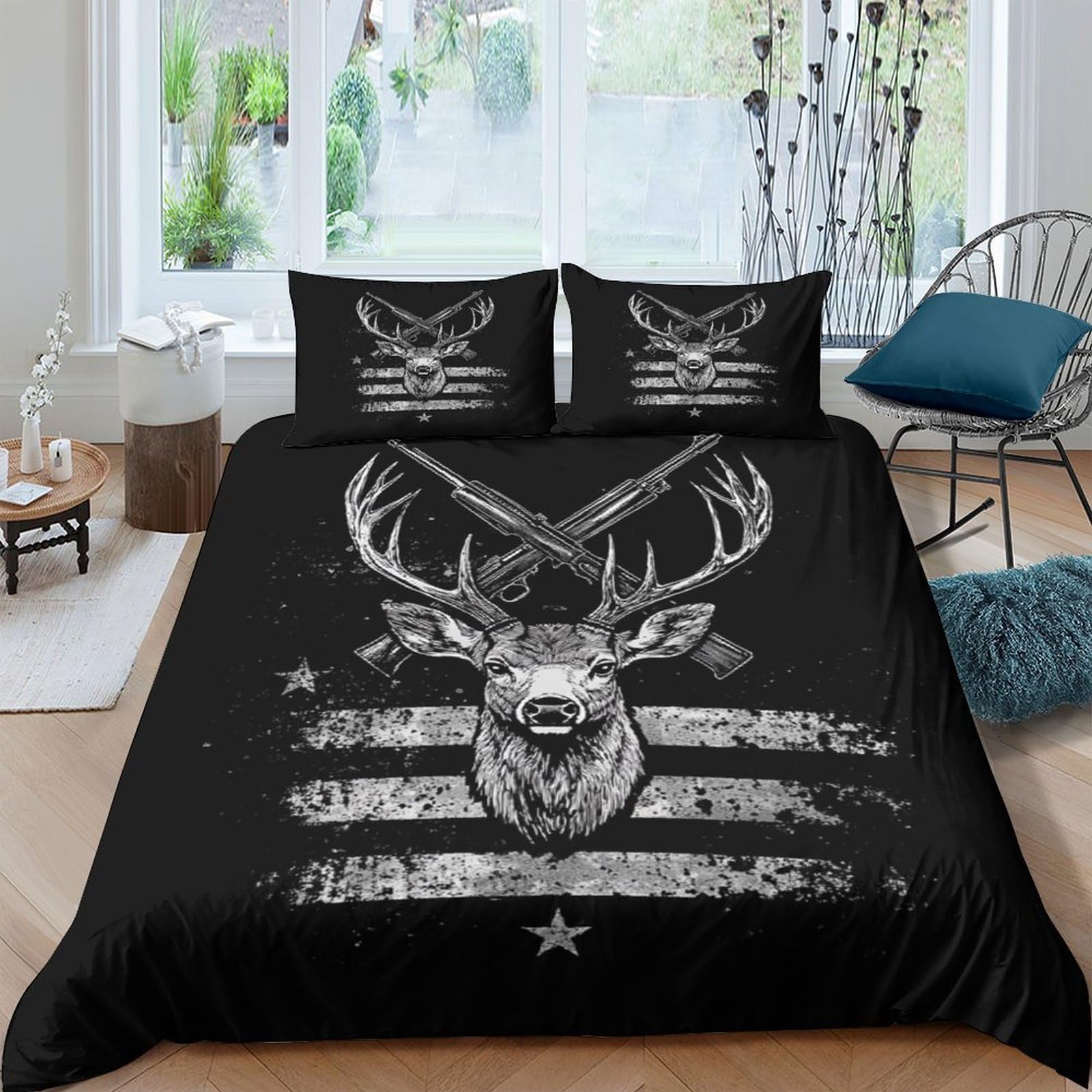 Ctjqhvkz Style-3 3D Printed Deer Antler Fitted Sheet Microfiber Soft Black Forest Hunting Badge Bed Cover For Bedroom Dorm Mattress Decor Single（135X200cm）