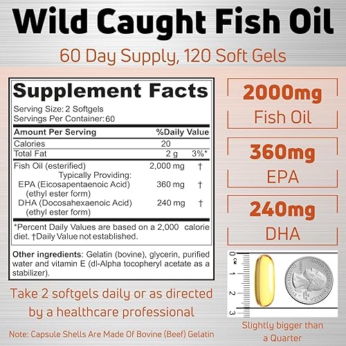 Miniatura 2 de Aceite de pescado de 2000 mg  Aceite de pescado omega 3 capturado en la naturaleza, 120 cápsulas blandas  Sin OMG, sin gluten, apto para dieta