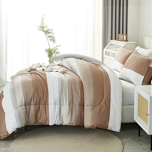 Miniatura 3 de Litanika Juego de edredón tamaño Queen, color beige, 3 piezas, ligero, color gris pardo, caqui, blanco, a rayas, esponjoso, juego de cama para todas