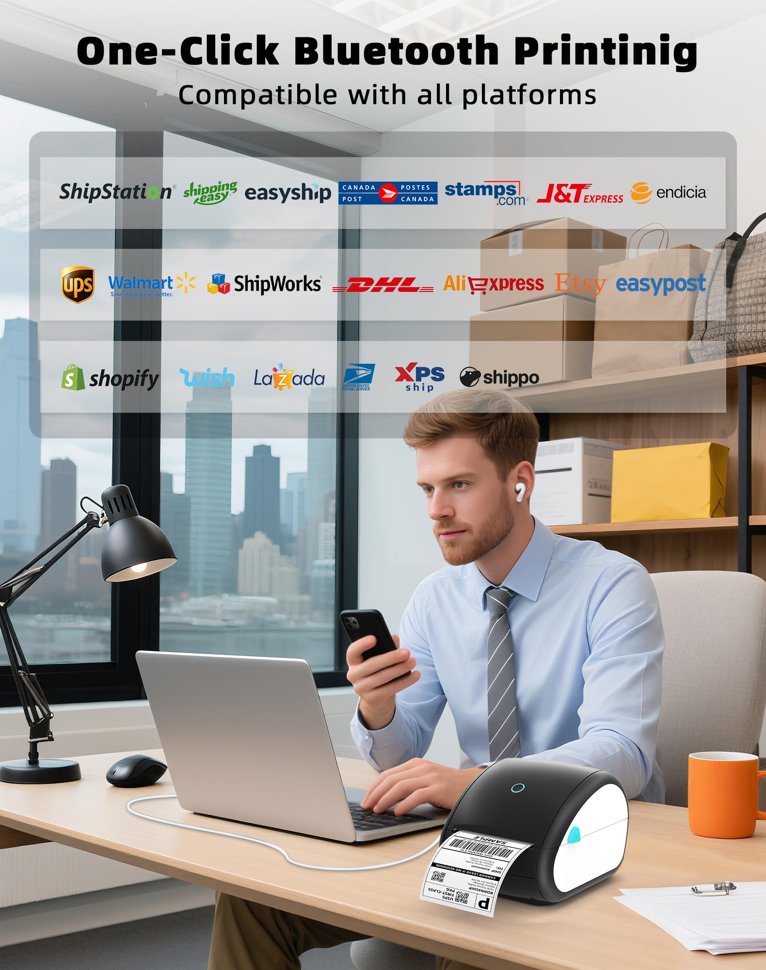 Stampante per Etichette Bluetooth, Stampante per Etichette di Spedizione, 4 x 6 Stampante Termica Stampante Etichette Label Printer Macchina Compatibile con Etsy,DPD, Ups, Otto, DHL