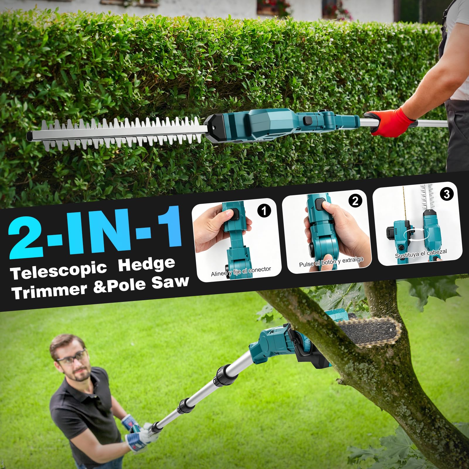 4-in-1 Akku Heckenschere Teleskop & Mini Kettensäge für Makita 18V, 8 Zoll Hochentaster Astsäge, 400mm Schnittlänge Akku Gras- und Strauchschere, Max Reichweite bis zu 4,5m, für Garten
