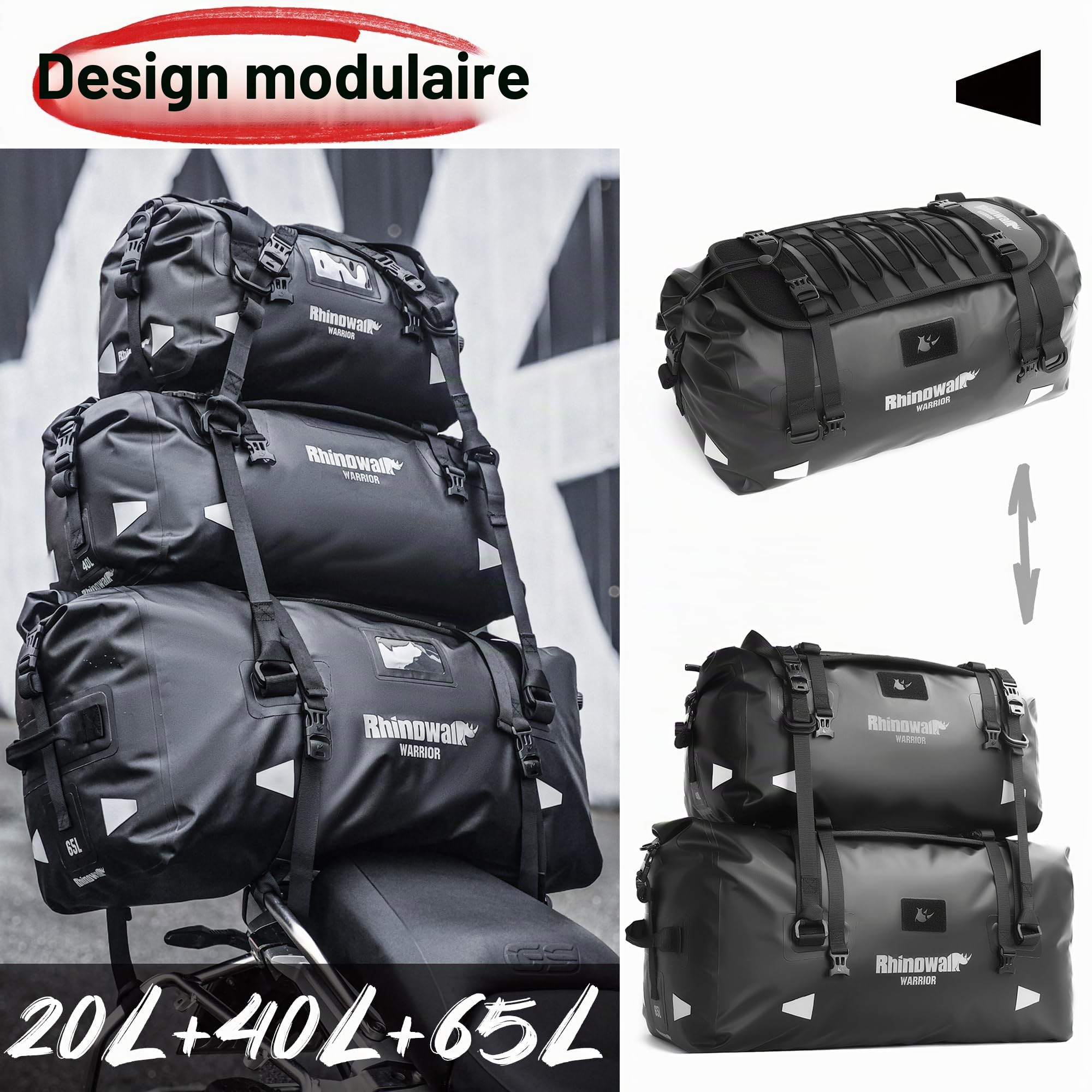 Rhinowalk Sacoche de selle de moto 65L – Sac de queue de tourisme imperméable extra-large avec extension MOLLE et sangles de sac à dos
