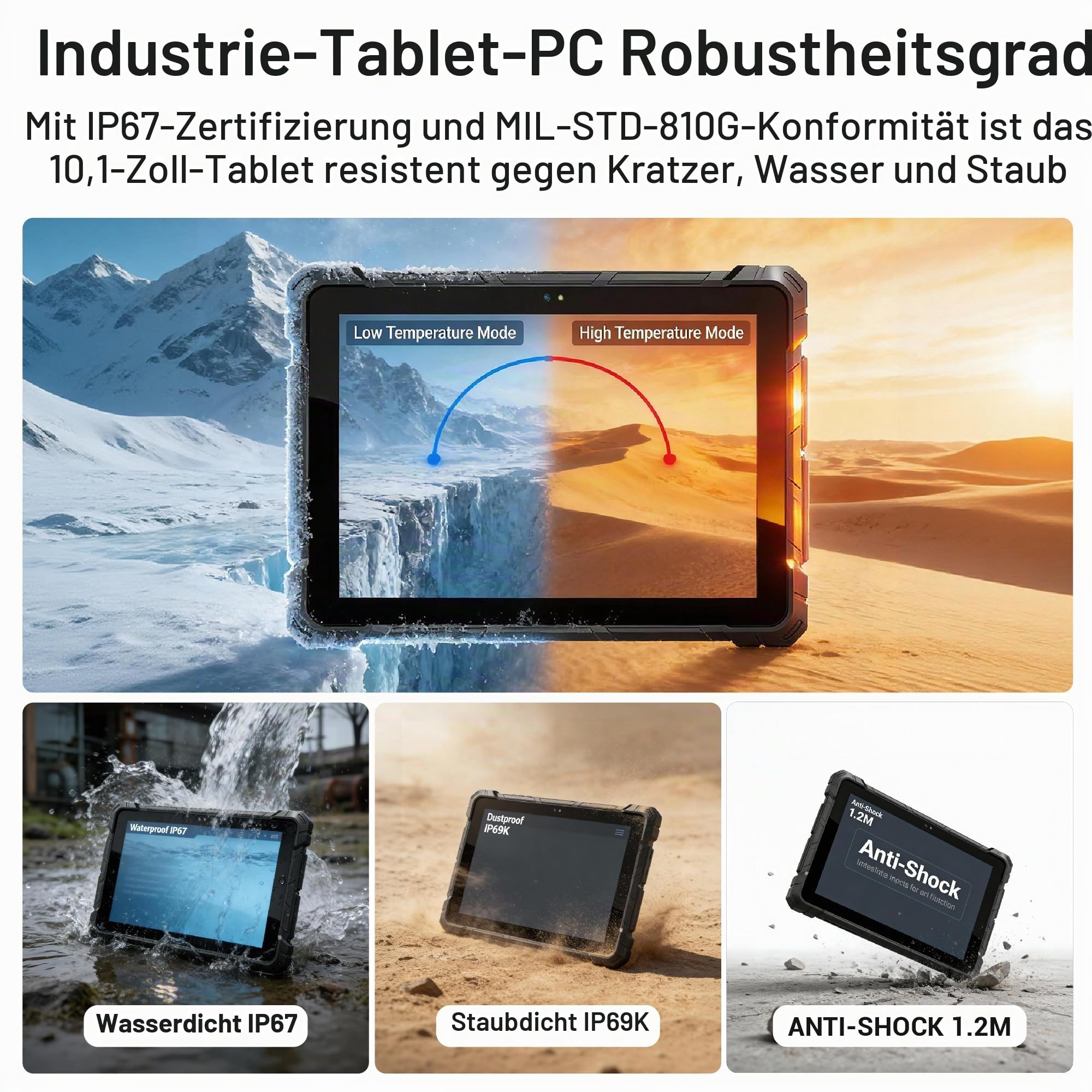Robustes Tablet PC Robustes Staubdichtes Win11 Pro PC Tablet Stoßfest Wasserdicht für Outdoor, N100, 8GB Ram, 128GB Rom, 10,1 Zoll Sonnenlichtlesbares Display, 2 USB3,2, Type-C 3,1, RS232