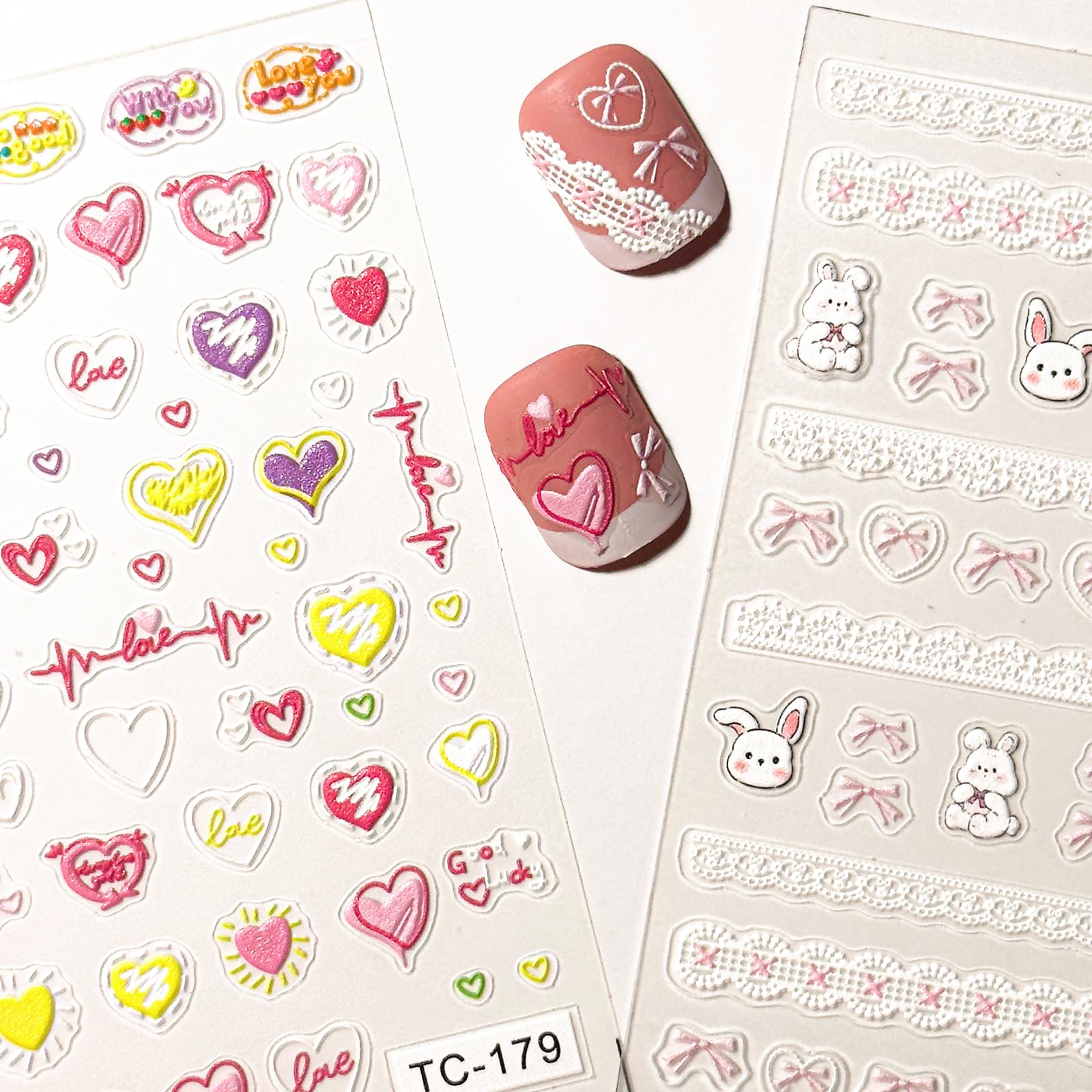 Heart Nail Art Stickers 5D Self Adhesive Pink Bow Nail Stickers for Nail Art White Lace Nail Decals Design Valentine's Day Nail Art Supplies for Women