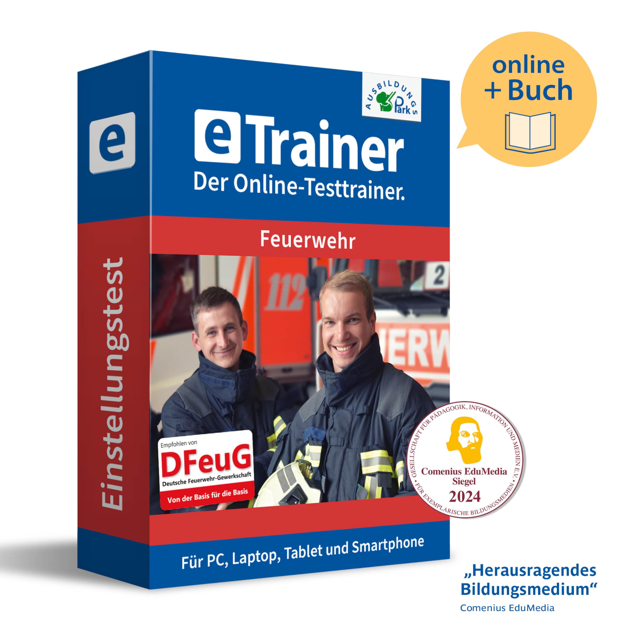 Eignungstest Feuerwehr Prüfungspaket | Online-Trainer mit Mathe-Buch | Aufgaben mit Antworten und Lösungswegen | Deutsch, Allgemeinwissen, Mathematik, Logik, Merkfähigkeit und mehr
