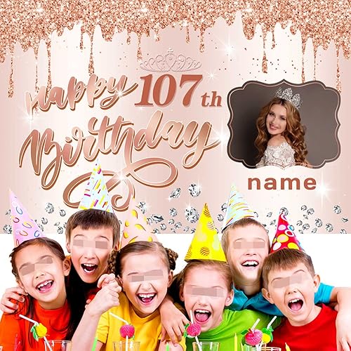 Miniatura 5 de Cartel personalizable de decoración de feliz cumpleaños número 107 de oro rosa, personalizado con nombre y foto