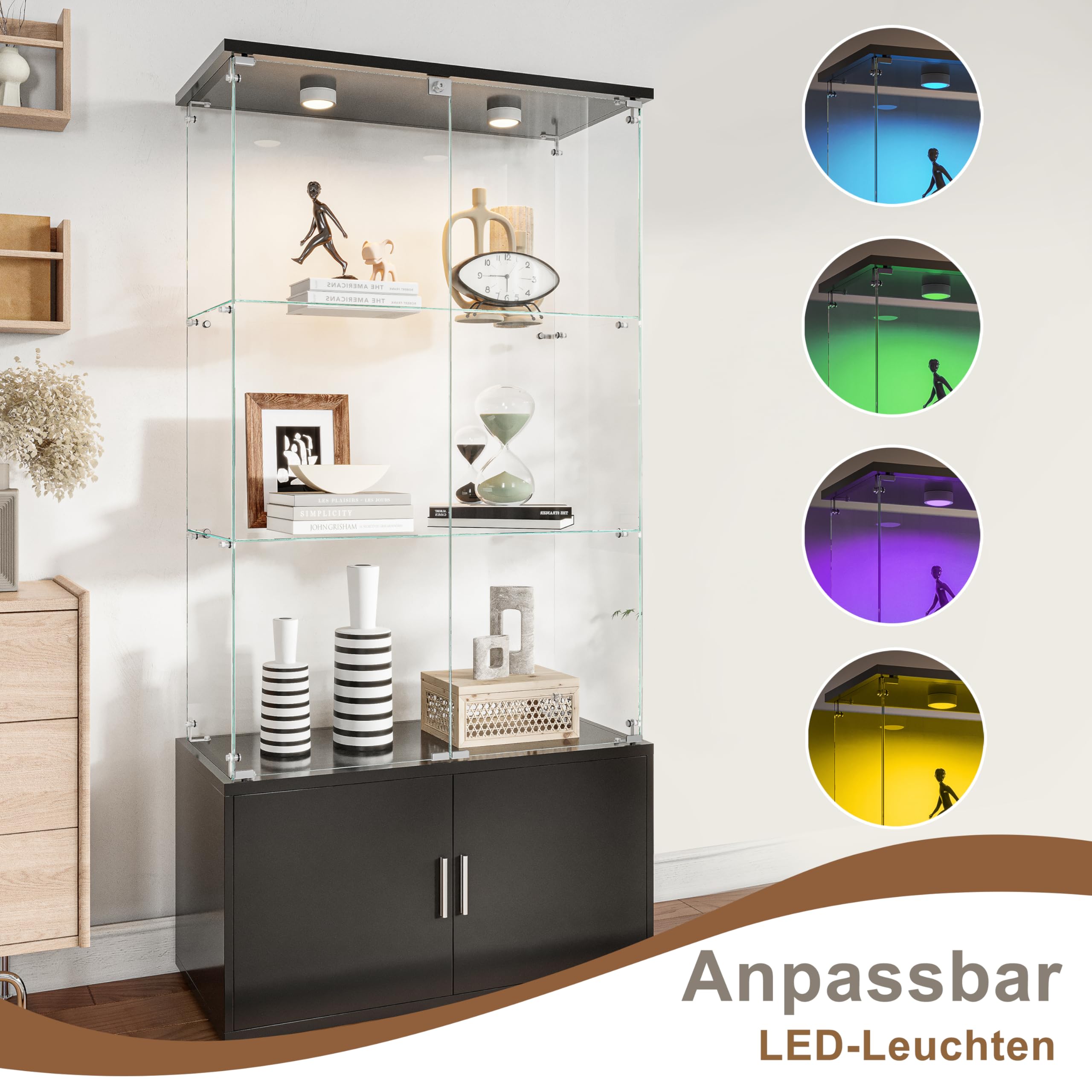 Vetrinetta in legno e vetro con illuminazione a LED, 4 ripiani e 2 ante con serratura, armadietto per esporre collezioni, libri e vini, nero (nero, 4 ante, 4 ripiani, con LED)