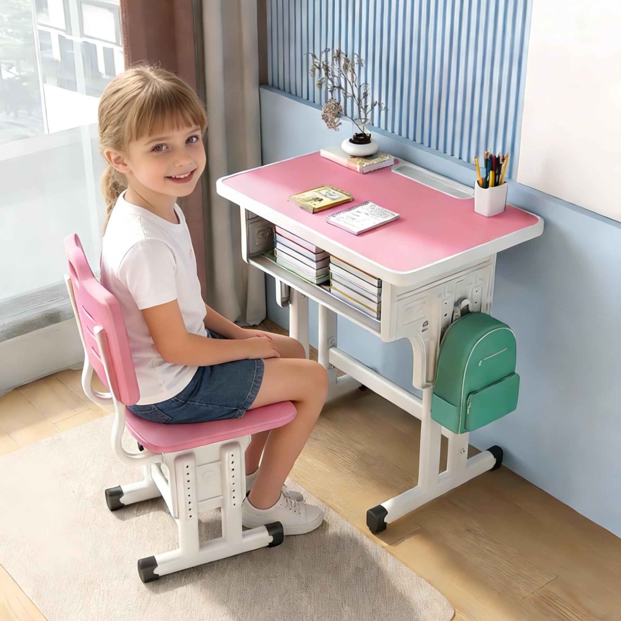 Adjustable Height Children Kids Study Desk and Chair Set,Multifunctional School Student Writing Desk Study Table and Chair Set with Storage Drawer, Sturdy Reading Chair Desk (Pink)