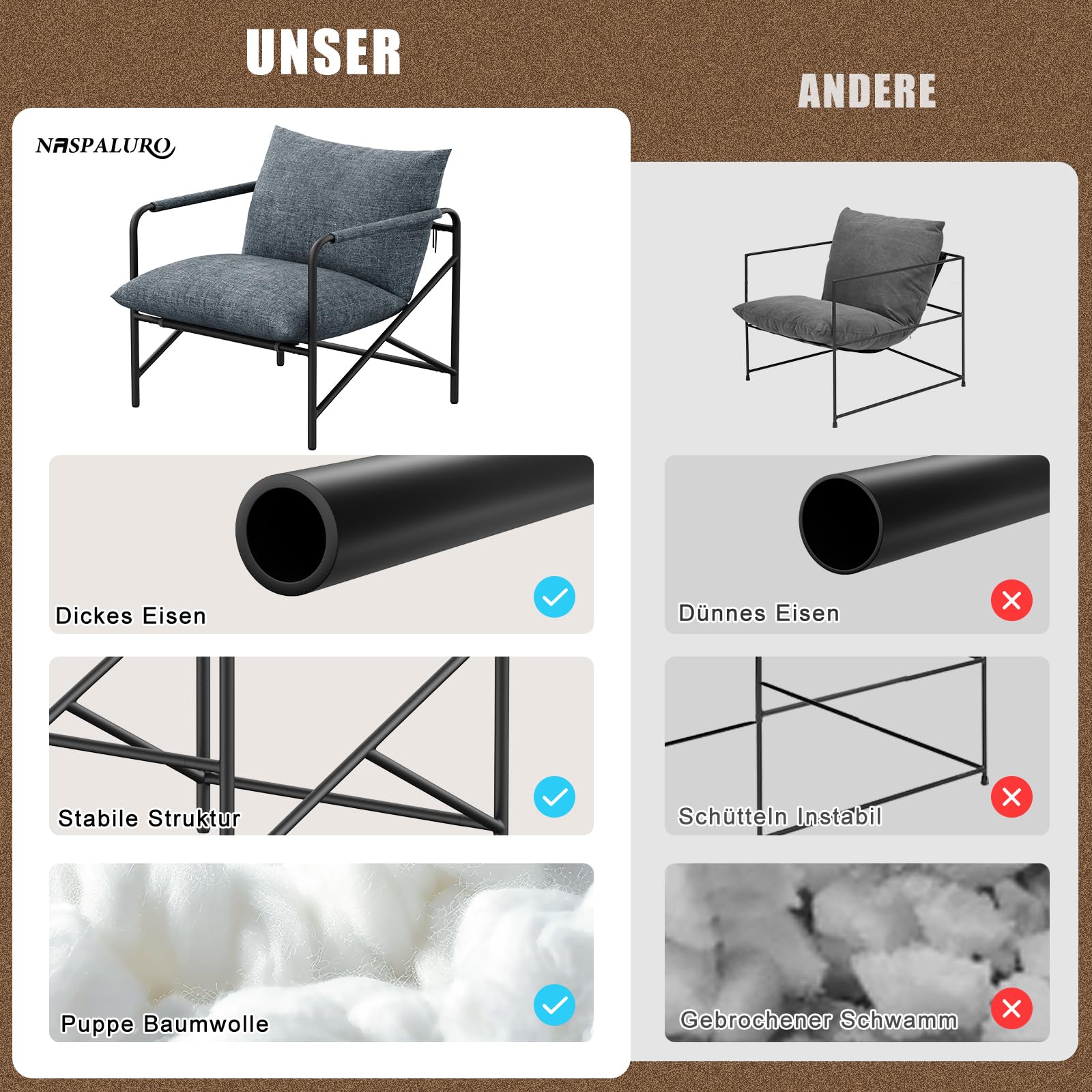 naspaluro Lounge Sessel mit Metallgestell, Moderner Sling Akzentstuhl mit Ergonomischen Kissen & Memory-Schaum, Gemütlicher Lesesessel für Wohnzimmer, Schlafzimmer, Ankleidezimmer, Dunkelgrau