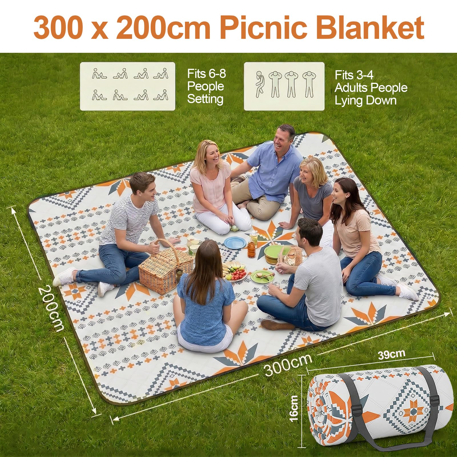 Koc piknikowy HUTHIM 200 x 300 cm, wodoodporny, nadający się do prania: koc kempingowy na suchy piknik, grill, bez piasku, z uchwytem do przenoszenia, mata plażowa, piesze wycieczki, podróże