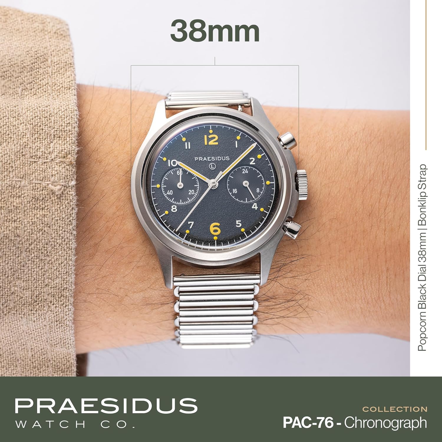 PRAESIDUS | Pilot Asymmetrical Chrono-76 - Chronograph Watch, Men's Wrist Watches - Pilot, Military - Case 38mm, Assembled in The USA | Mechanical, Gifts for Men