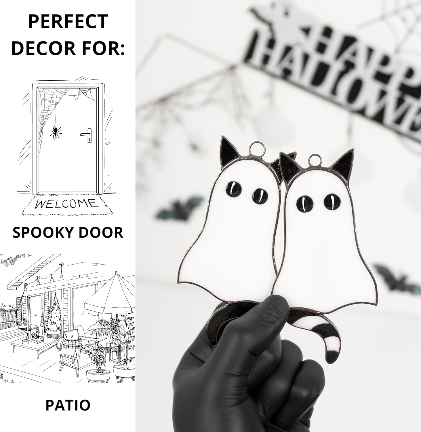 Set of 2 Ghost Cat Halloween Ornaments – Stained Glass Cat Ghost Suncatcher for Window Spooky Halloween Decor Cute Black and White Hanging (Set)