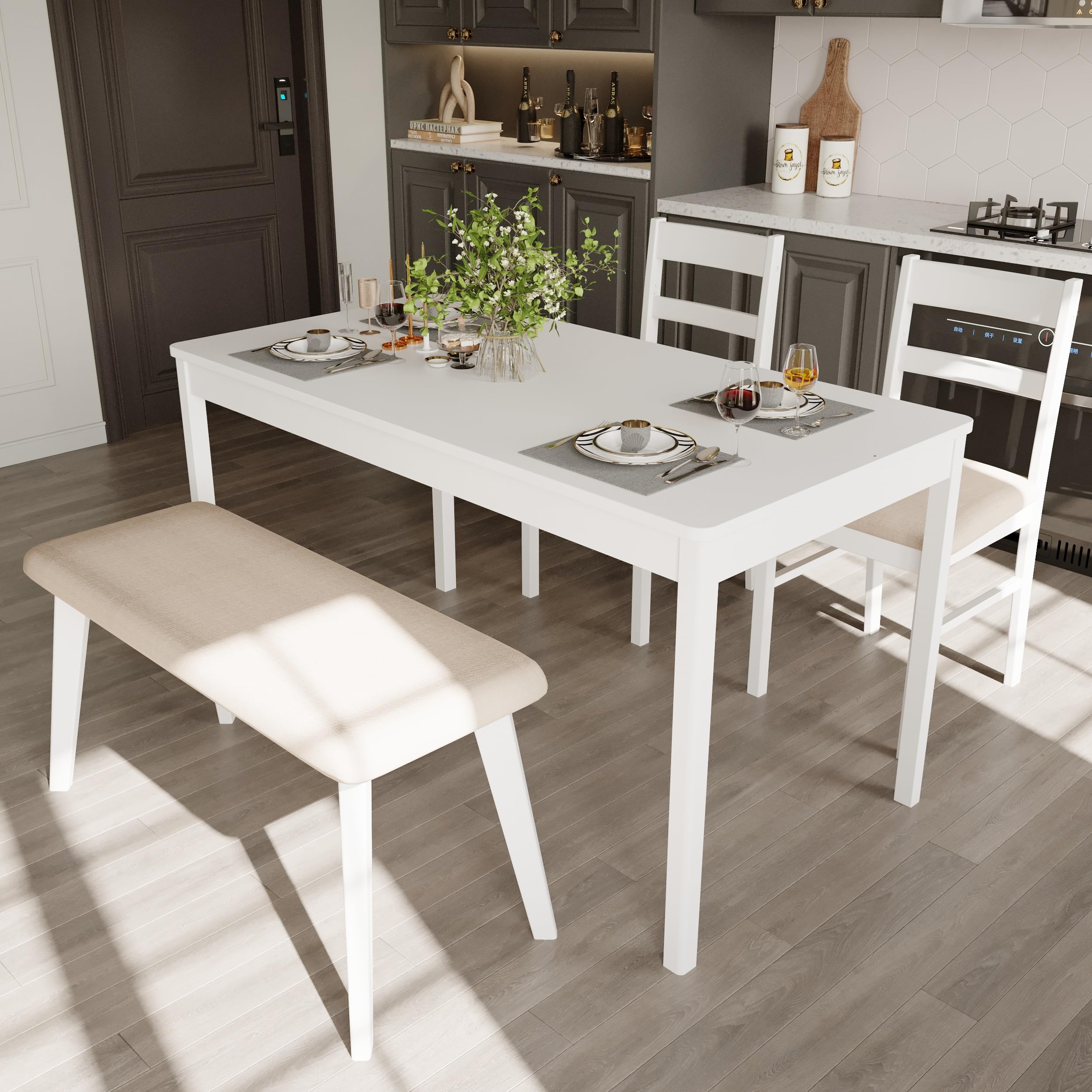 Solid Wood Dining Table Set 5-Piece For 4 - Rectangular Table & 4 ...