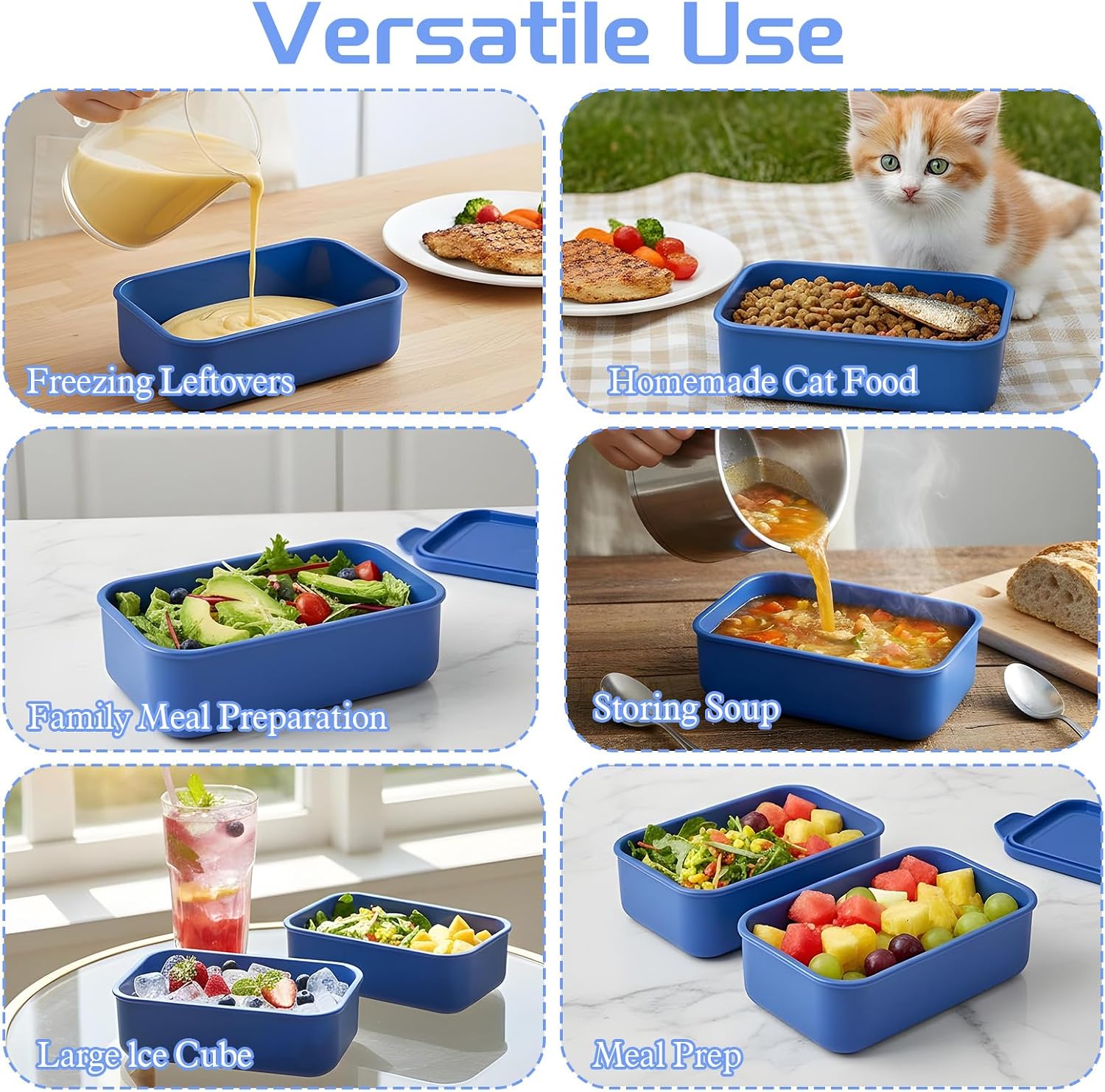 6 Pack 700ml (2.4 Cup) Silicone Freezer Trays with Lids – Leak-Proof Large Rectangle Soup & Broth Containers, Reusable Food Storage & Freezing Trays for Meal Prep (Blue)