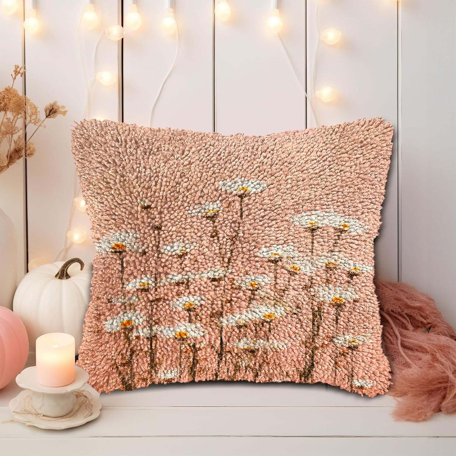 DIY Latch Hook Pillow Kits for Adults Little Wild Daisy Flowers Printed Pillowcase Crochet Yarns Hooking Handmade Pillow Cover Cushion for Home Sofa Decoration 17x17inch-3