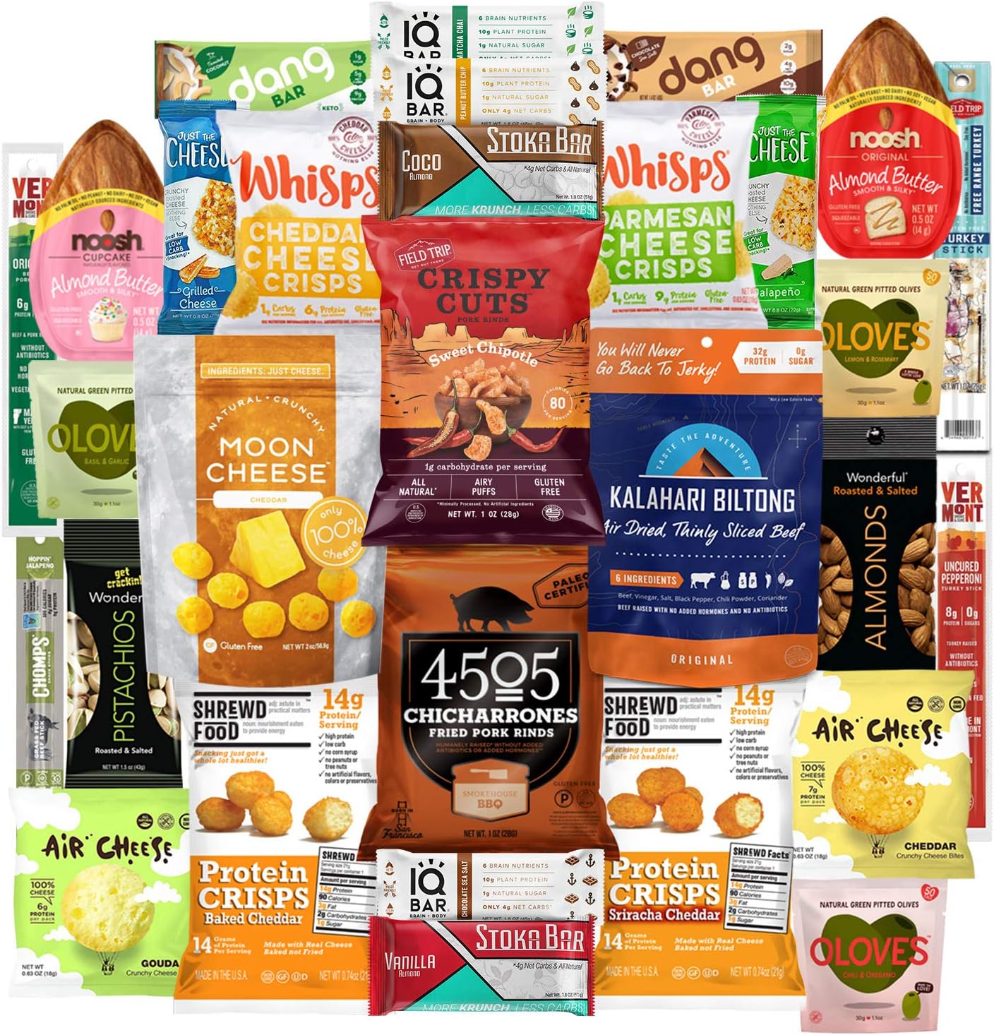 Keto Snacks Care Package (30 Count) : Variety of Ketogenic Friendly & Low Carb - Protein Bars, Cheese Crisps, Grass Fed Meat Sticks Bars, Pork Rinds, Biltong, Nuts, Candy In Healthy Snack Gift Box