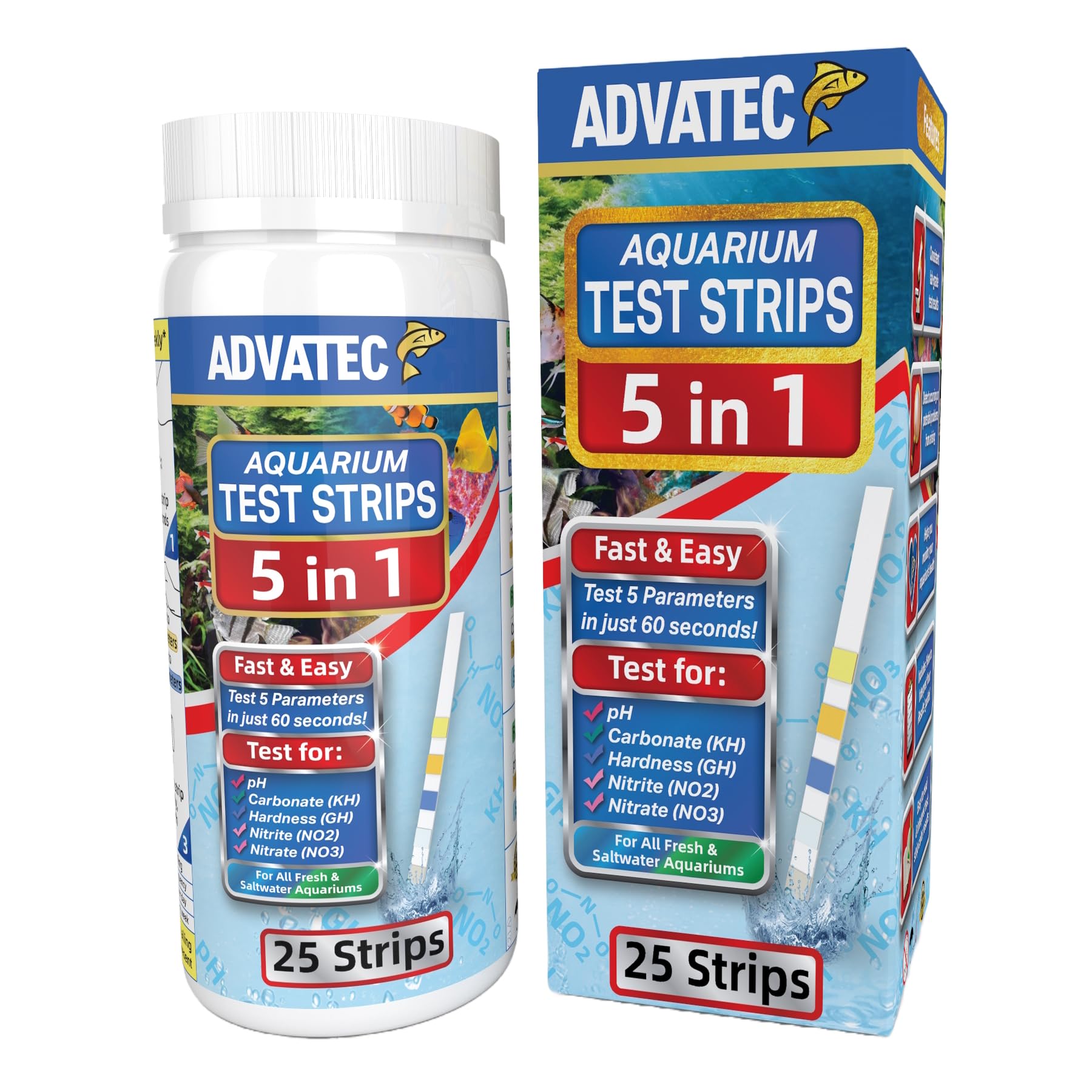 5 in 1 Aquarium Test Strips Kit for Freshwater & Saltwater - Water Fish Tank Tester for pH, Carbonate, General Hardness, Nitrite & Nitrate - 25 Count