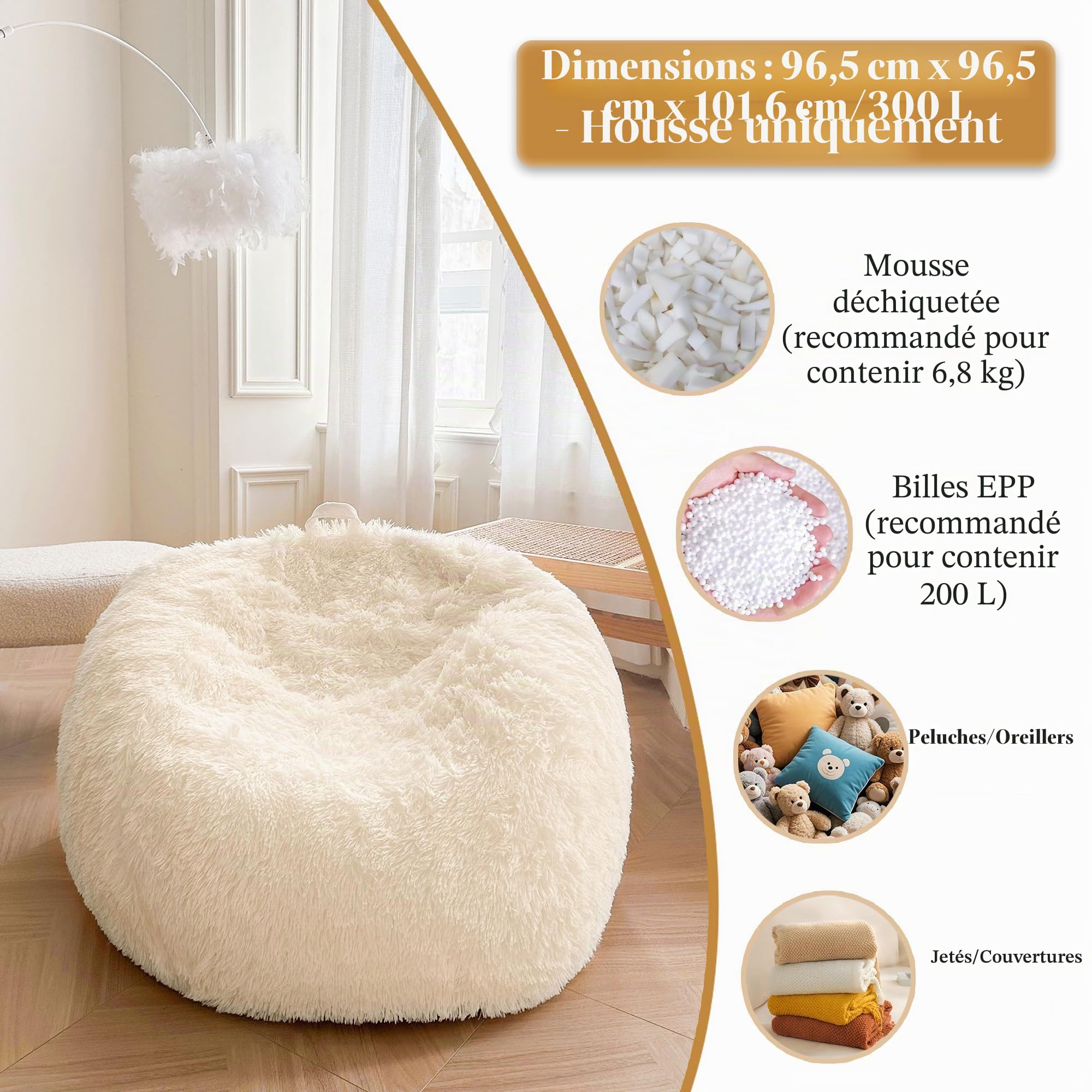 XeGe Housse de pouf en peluche (sans rembourrage) en fausse fourrure, lavable, ultra douce pour jouets en peluche ou tissus, grande taille pour adultes, enfants et adolescents