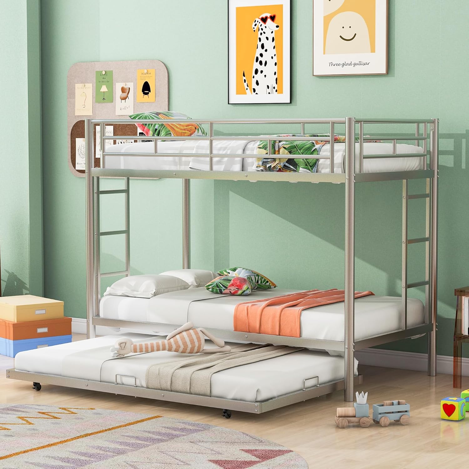 Twin Over Twin Metal Bunk Bed with Trundle,Metal Structure