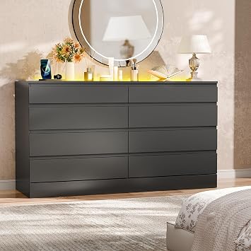 Gyfimoie 8 Drawer Dresser with Power Outlet, Modern Chest of Drawers with LED Light & Glass Top, Wood Double Dresser TV Stand with Organizer Storage for Bedroom, Living Room, Closet Black