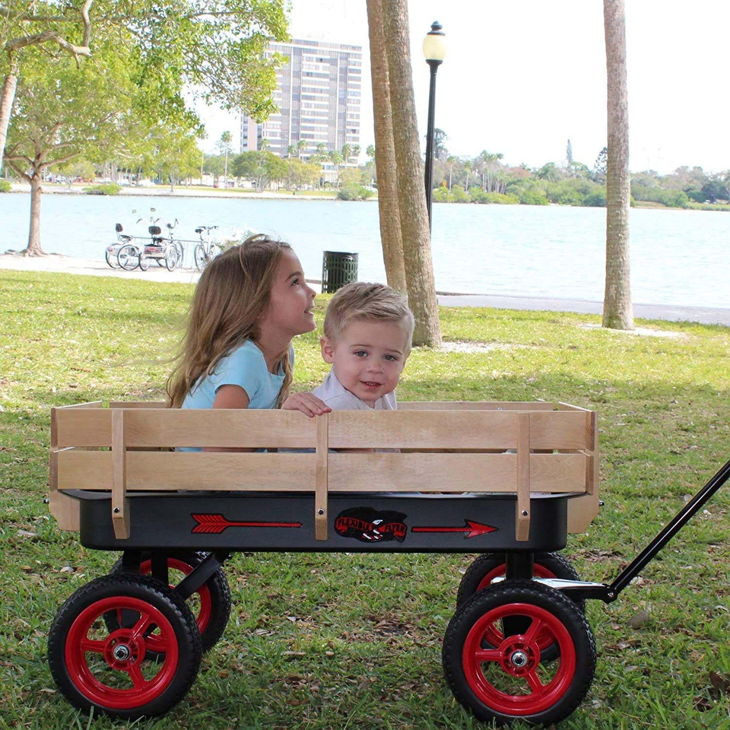 Flexible Flyer All-Terrain Wagon for Kids with Steel Bed & Wood Sides, Extra-Long Pull Handle for Adults, Heavy Duty Toy, Garden & Beach Baby Wagon, Black & Red