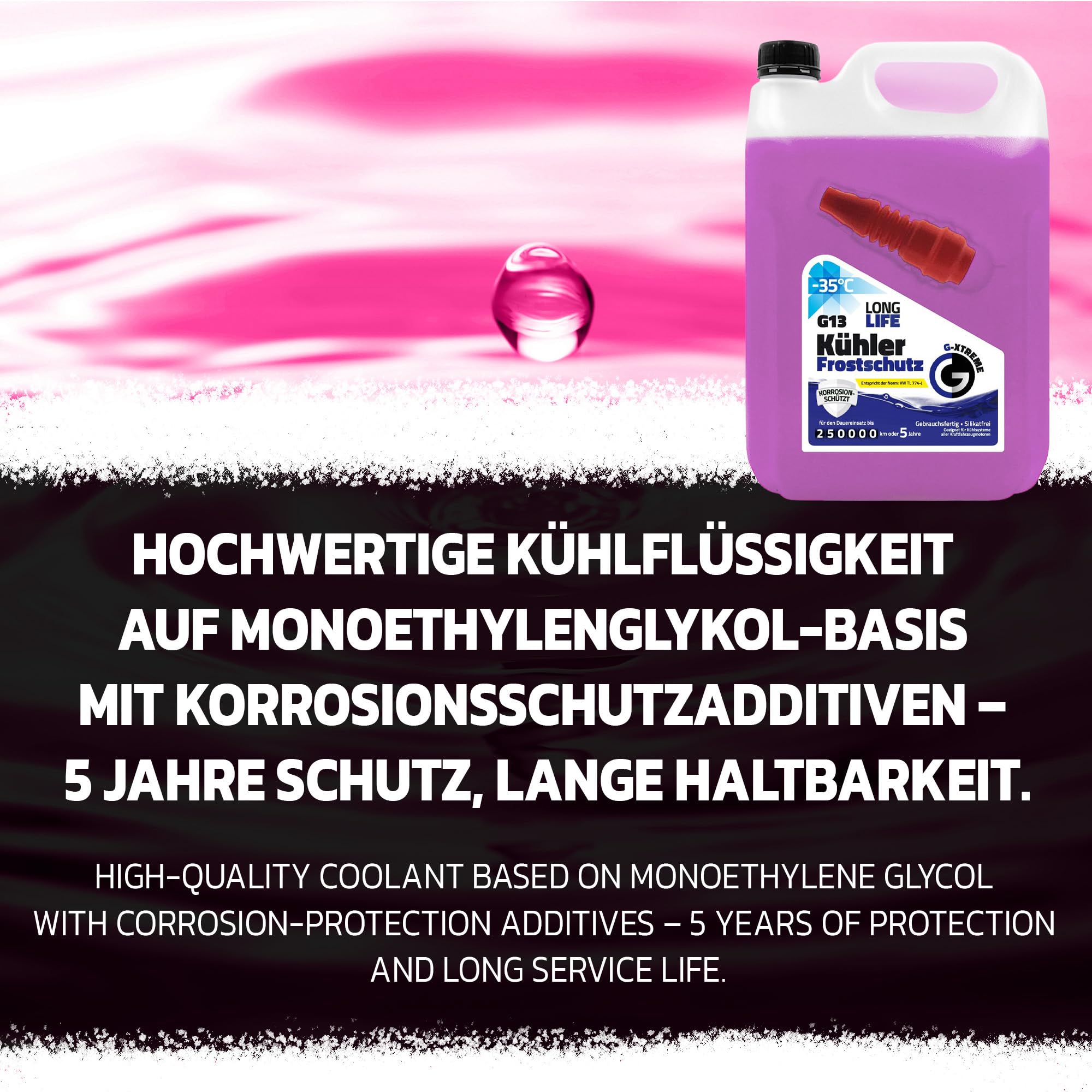 Gamix Wysokiej jakości chemikalia samochodowe | ochrona przed zamarzaniem chłodnicy G13 | płyn chłodzący 5 lat do -35°C | gotowy do użycia środek chłodzący do samochodu | 5 l (20 l)