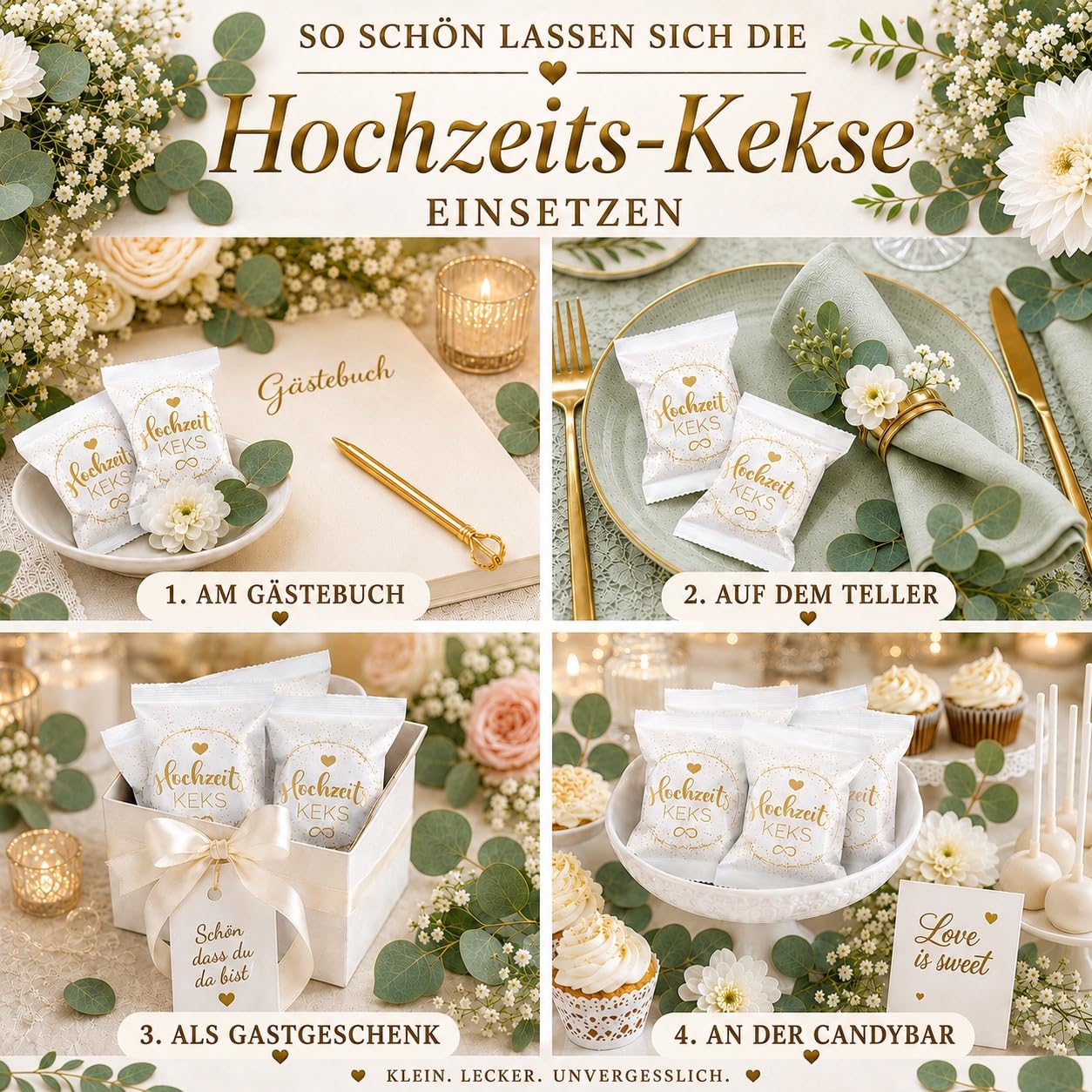 100er Box Hochzeits-Kekse (5 x hübsche 25er Aufsteller) | Glückskeks Hochzeiten als Hochzeitsdeko oder für die Candybar | frisch gebackene und vegane Idee & made in Germany