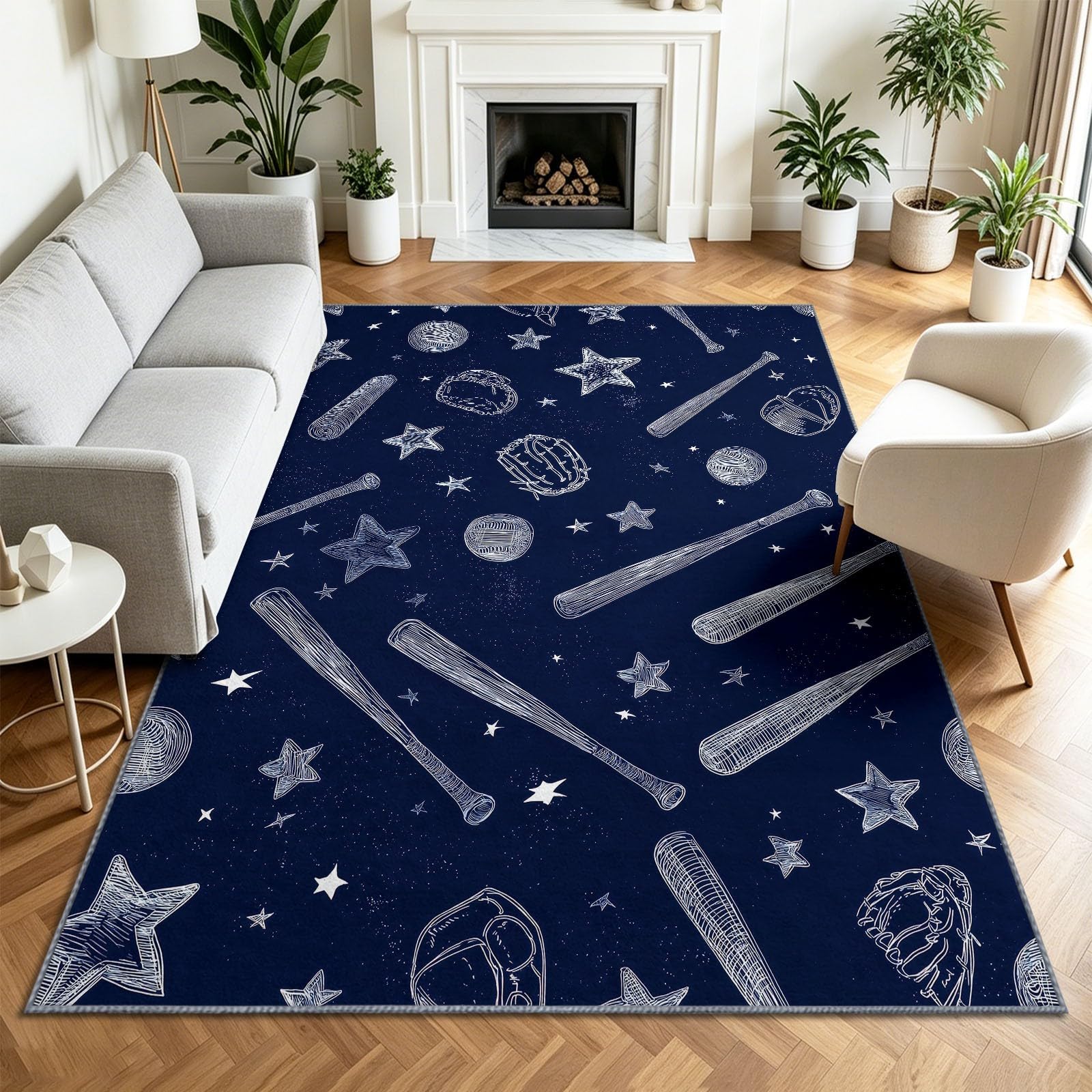 Sports Sketch - Alfombra antideslizante para sala de estar, 180 x 240 cm, alfombra de suelo lavable, diseño de estrella de béisbol