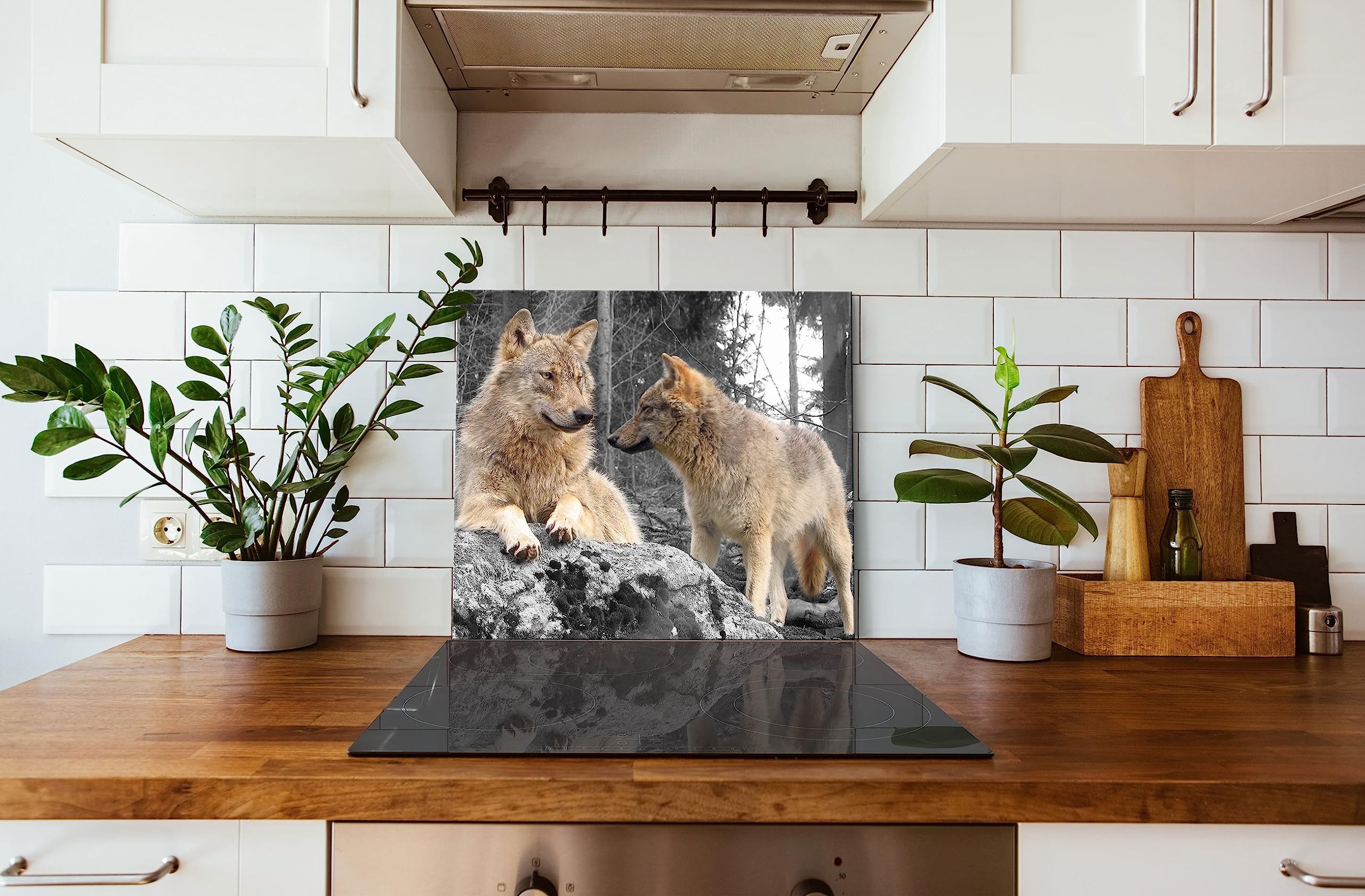 Wölfe im Wald Herdabdeckplatte & Spritzschutz aus Echtglas | Für Herd-Kochfelder | 60x52 cm