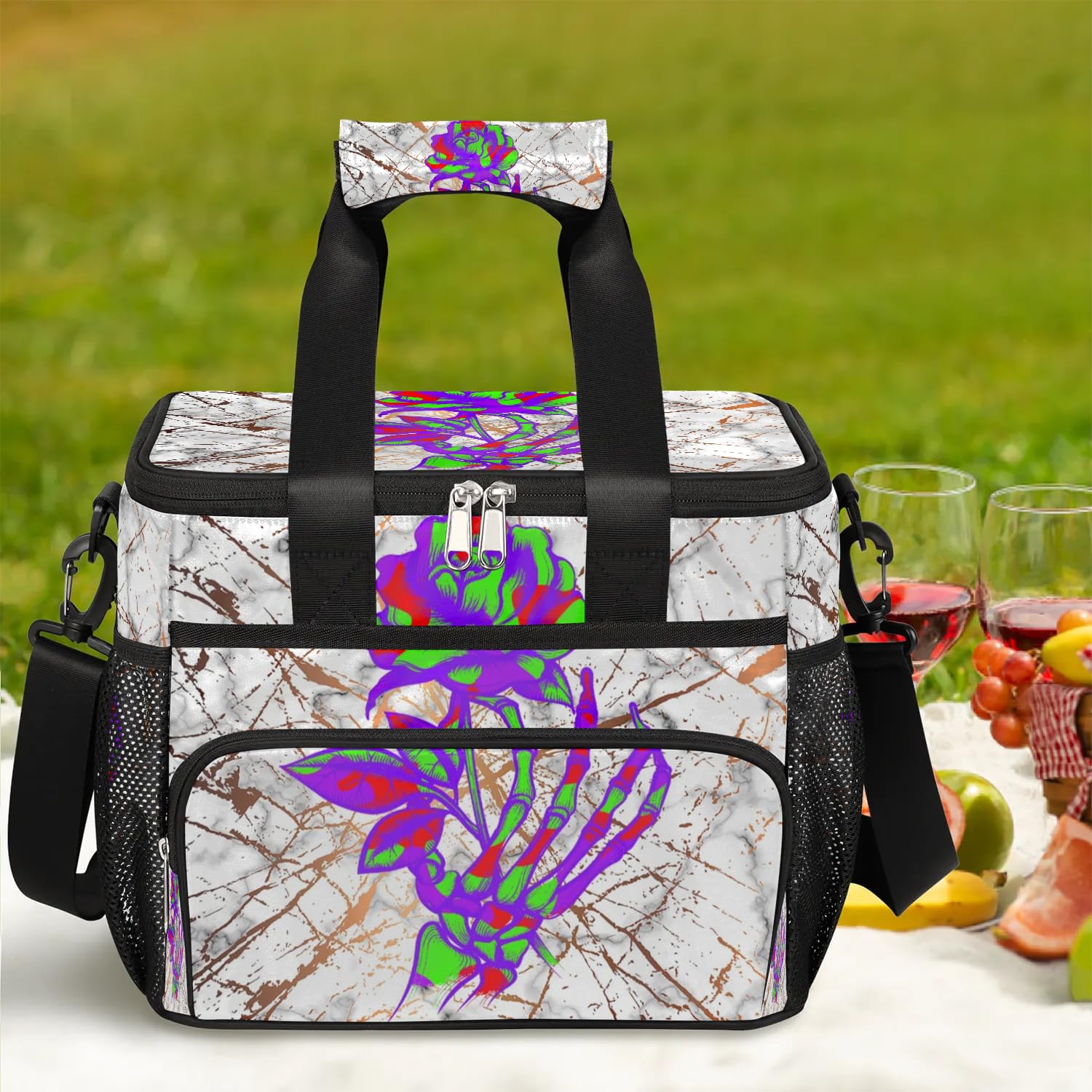 Grand sac à déjeuner isotherme en marbre pour adultes, hommes, femmes, enfants, filles, garçons, motif tête de mort, roses, marbre, sac isotherme pour le travail, le pique-nique, le barbecue