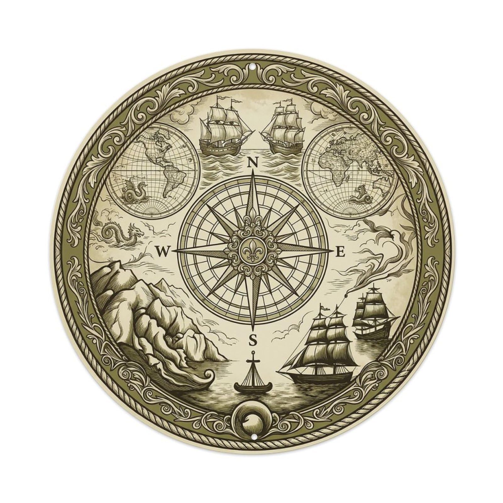 Vintage Nautical Compass World Map Azimuth Guide Metal Tin Sign