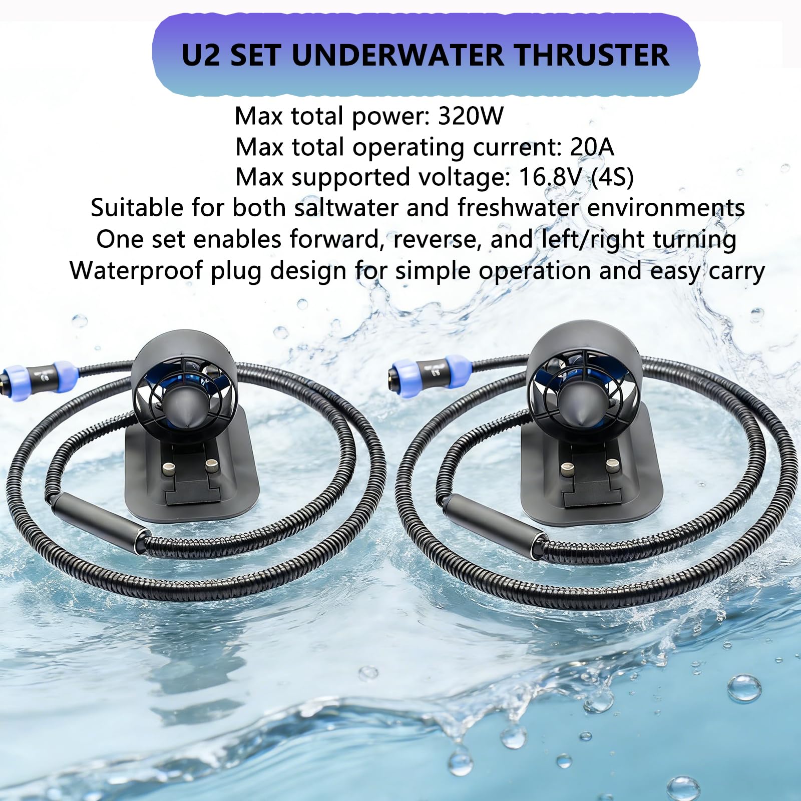 12-16 V Thruster submarino U2 Set, fuerza de accionamiento total 3,40 kg, puede empujar 100 kg, velocidad 1-3 km/h, motor sin escobillas para barcos de pesca y ROVs