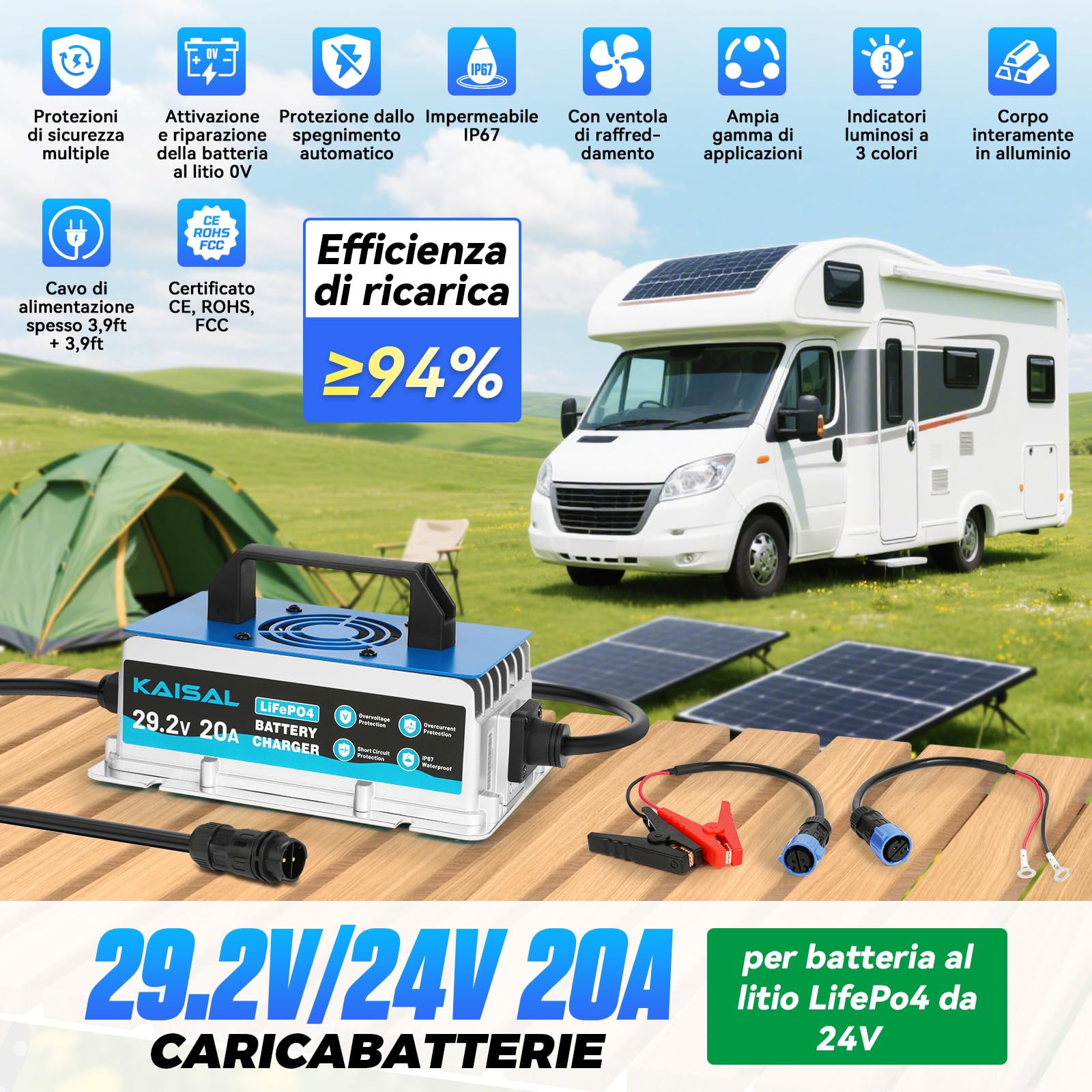 KAISAL 29.2V 20A Caricabatterie al Litio, Caricatore per Batteria al Litio da 24 V (25.6 V), 24V Intelligente Caricabatteria LiFePO4 Impermeabile IP67 per Camper, Barca, Solare