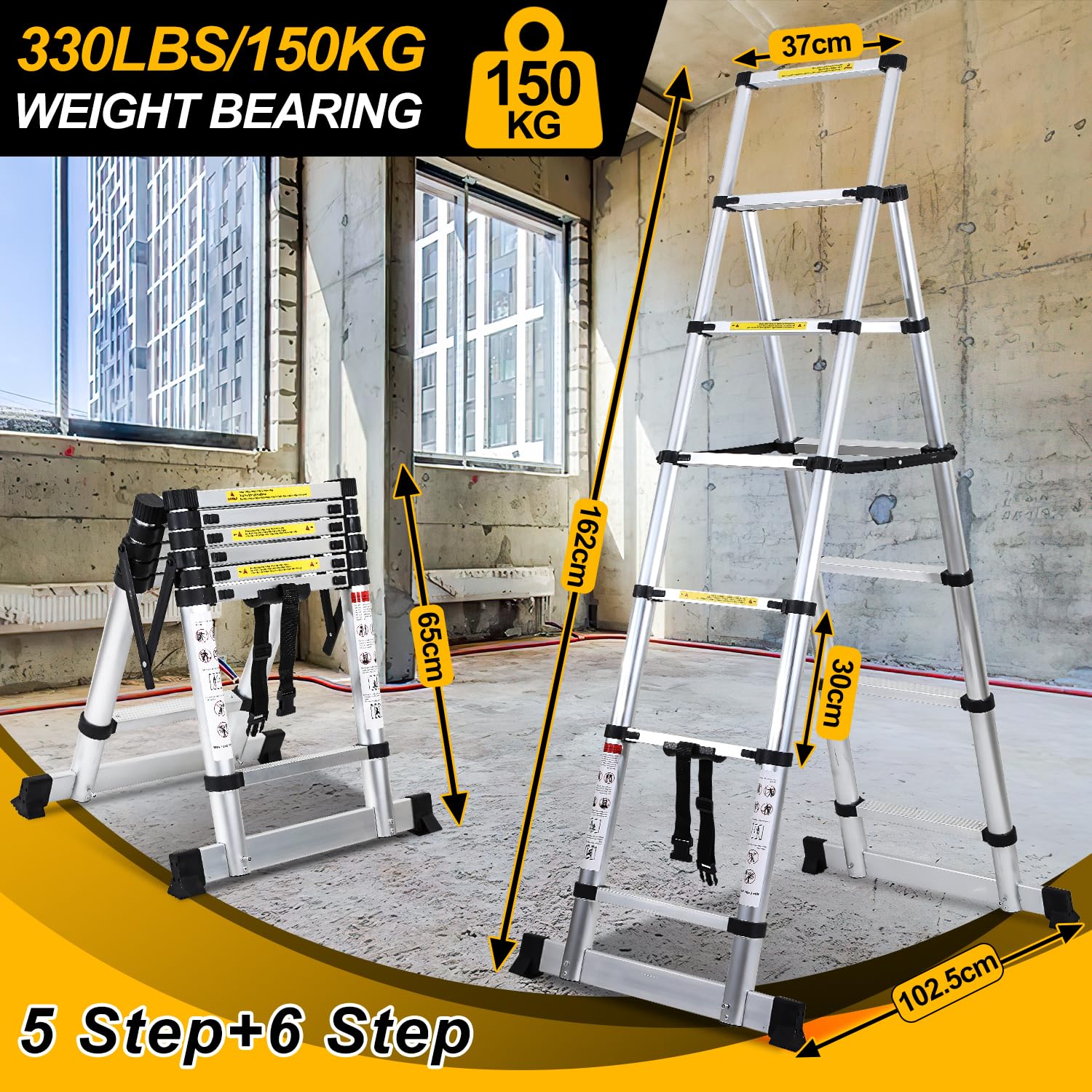 Drabina teleskopowa, składana drabina A, rama A, 5 + 6 stopni, maksymalne obciążenie 150 kg, aluminiowa drabina wysuwana do naprawy dachów, składana rozmiar 65 cm