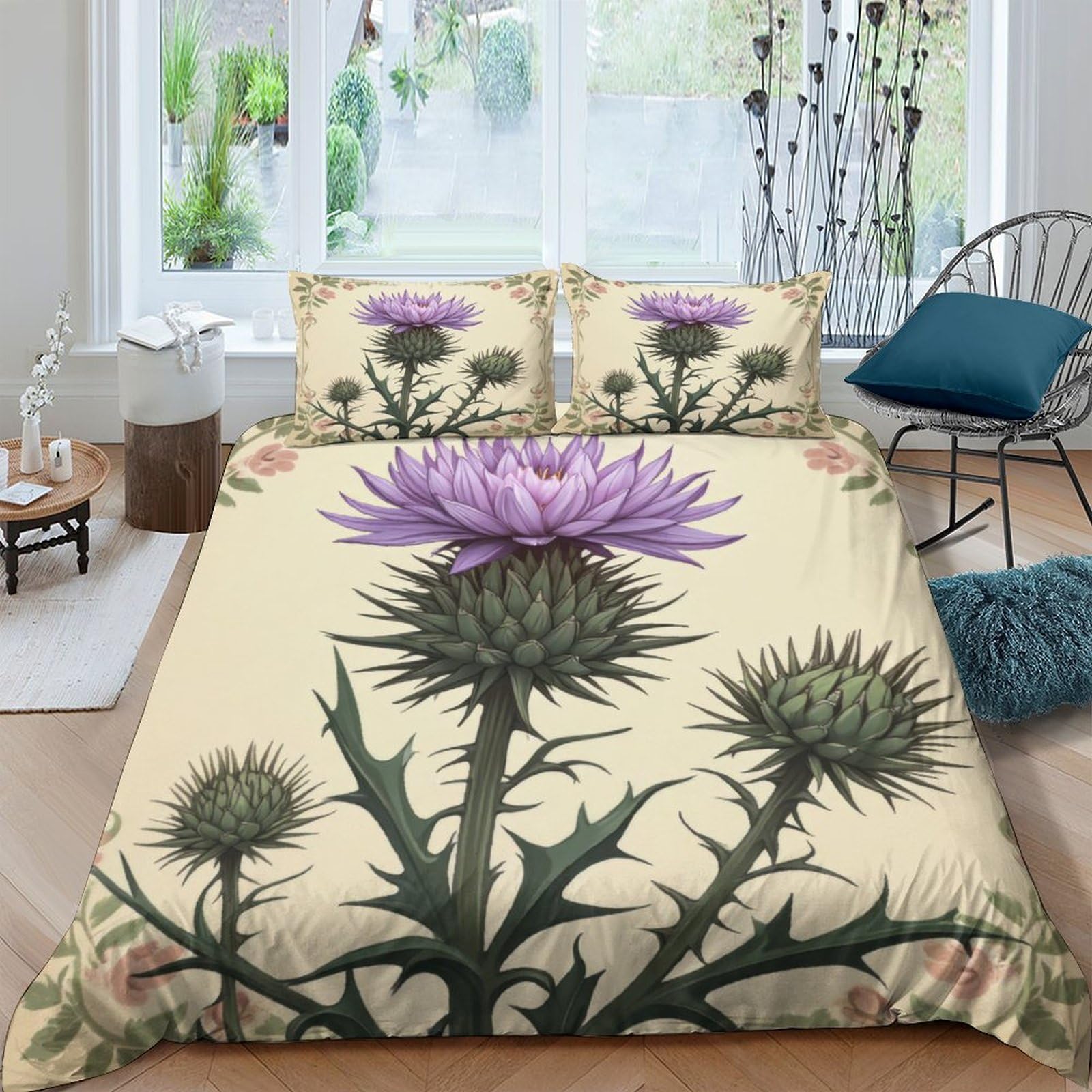 Ctjqhvkz Style-7 3D Printed Thistle Flower Fitted Sheet Microfiber Soft Decorative Scottish Style Bed Cover For Bedroom Guest Room Single（135X200cm）
