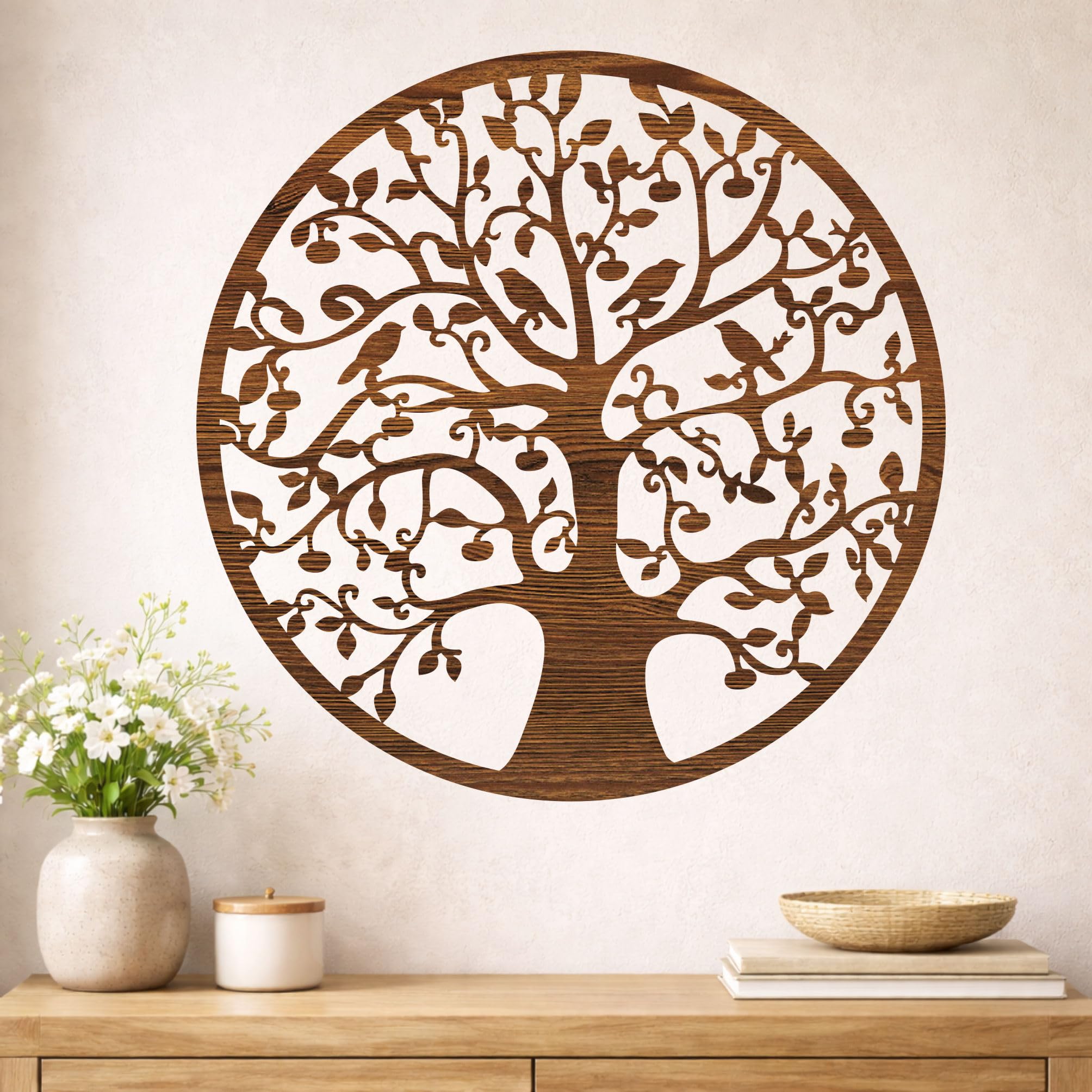 Lebensbaum Holz Ø 49 cm – Wandbild Baum des Lebens – 8 Holz-Optiken (Buche, Eiche, Ebenholz, Bambus, Ulme) – Spirituelle Wanddeko – Geschenkidee – Hergestellt in Österreich