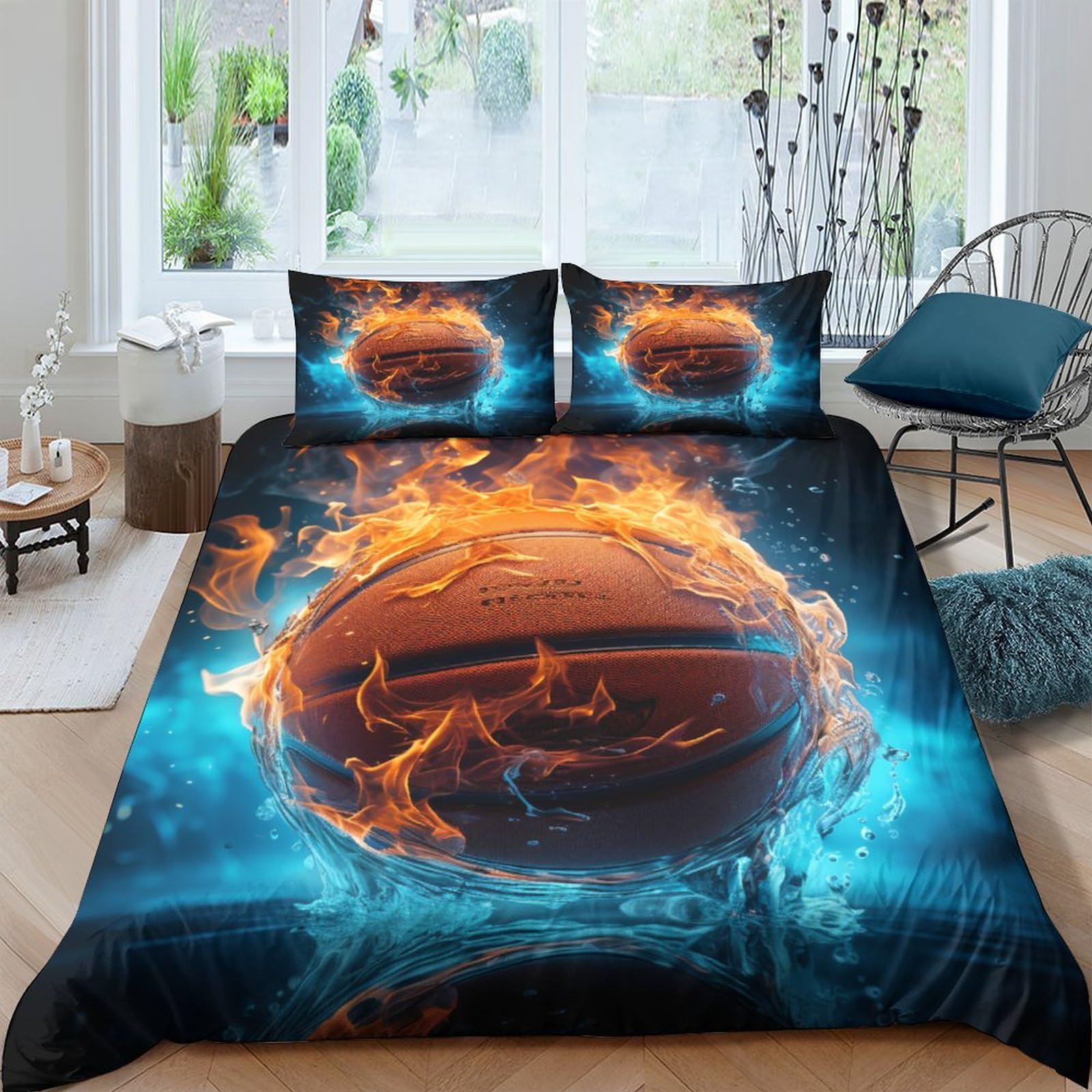 Basketball Housse de Couette King Parure de Lit 3D Feu et Glace IOFEER