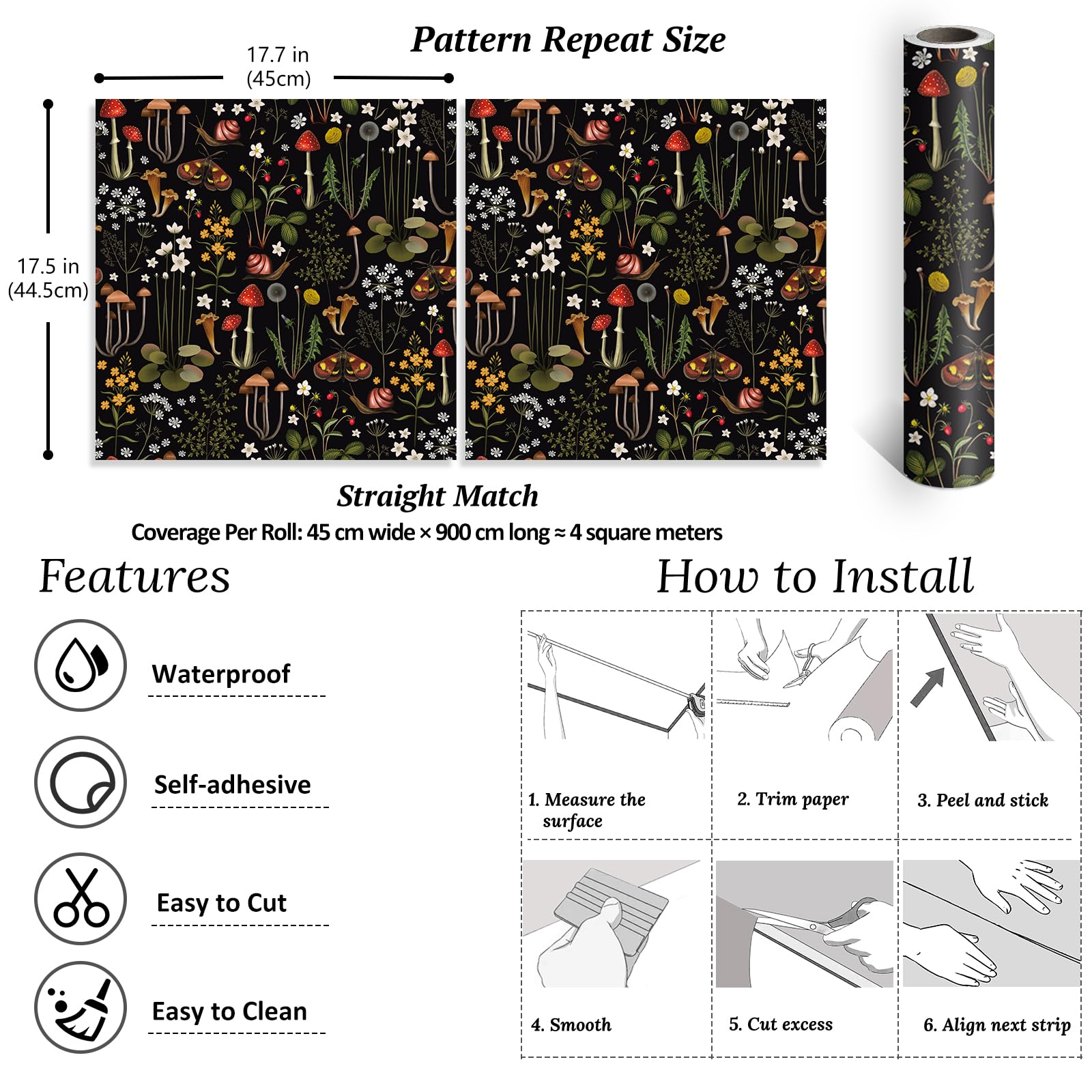 VEELIKE Papel Pintado Flores Negro 44.5cm×900cm Selva Tropical Champiñón Papel de Pared Hojas Caracol Fotomurales Decorativos Pared Dormitorio Papel Adhesivo para Muebles Cocina Papel Tapiz Baño