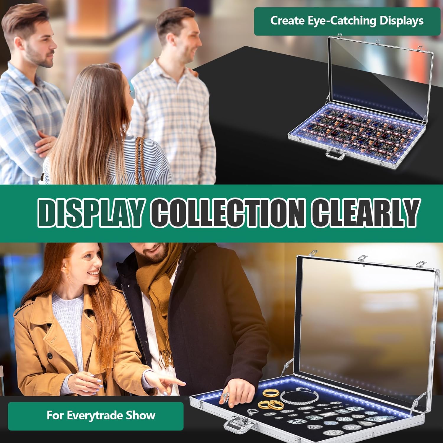 34"x22" LED Trade Show Display Case Table Top Portable Aluminum Sports Card Display Case Frame with Clear Acrylic Showcase with Locks for Jewelry Craft Collector Shows