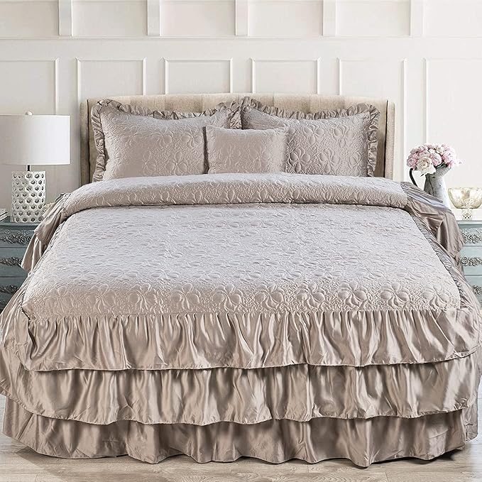 Amazon.com: Home Soft Things 4 Piece Matte Satin Ruffle Quilted ...