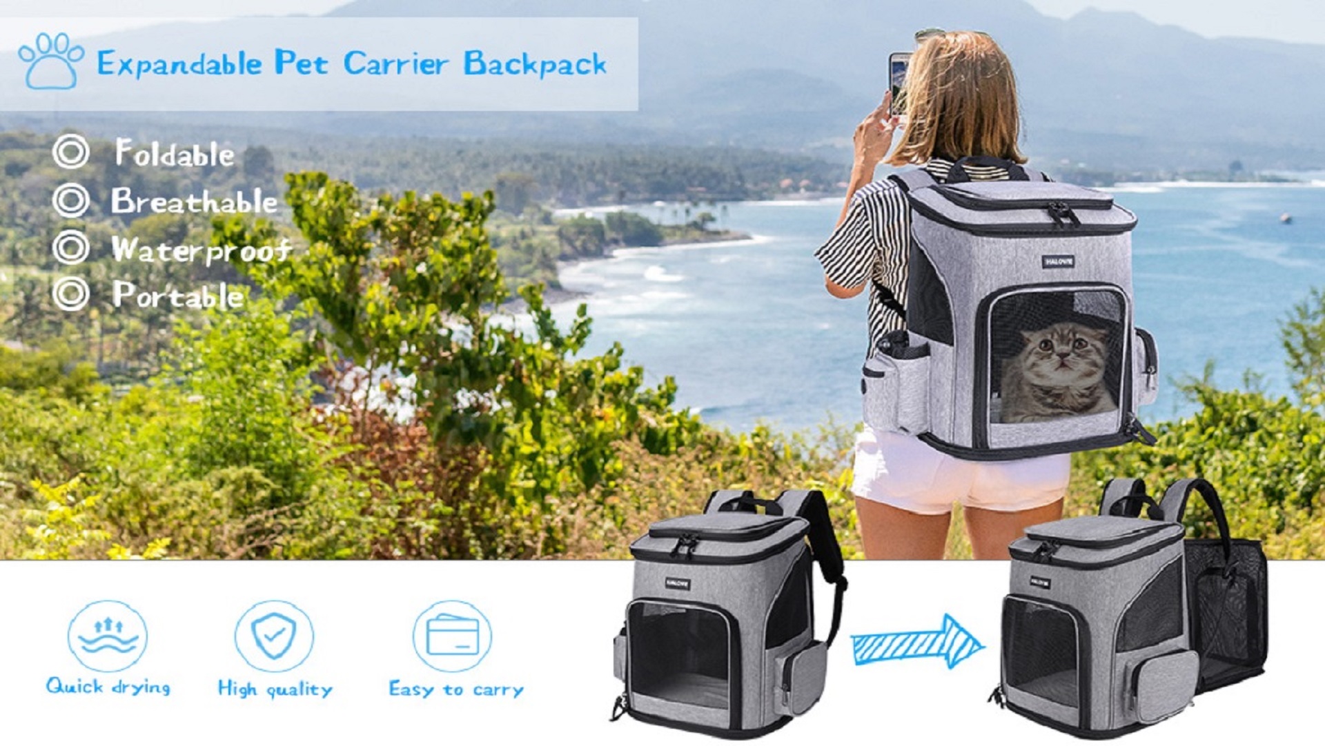 HALOVIE Pet Carrier Backpack Expandable for Cats Dogs Under 18 LB, Breathable Mesh Cat Backpack Carrier Bag, Foldable… - Image 7