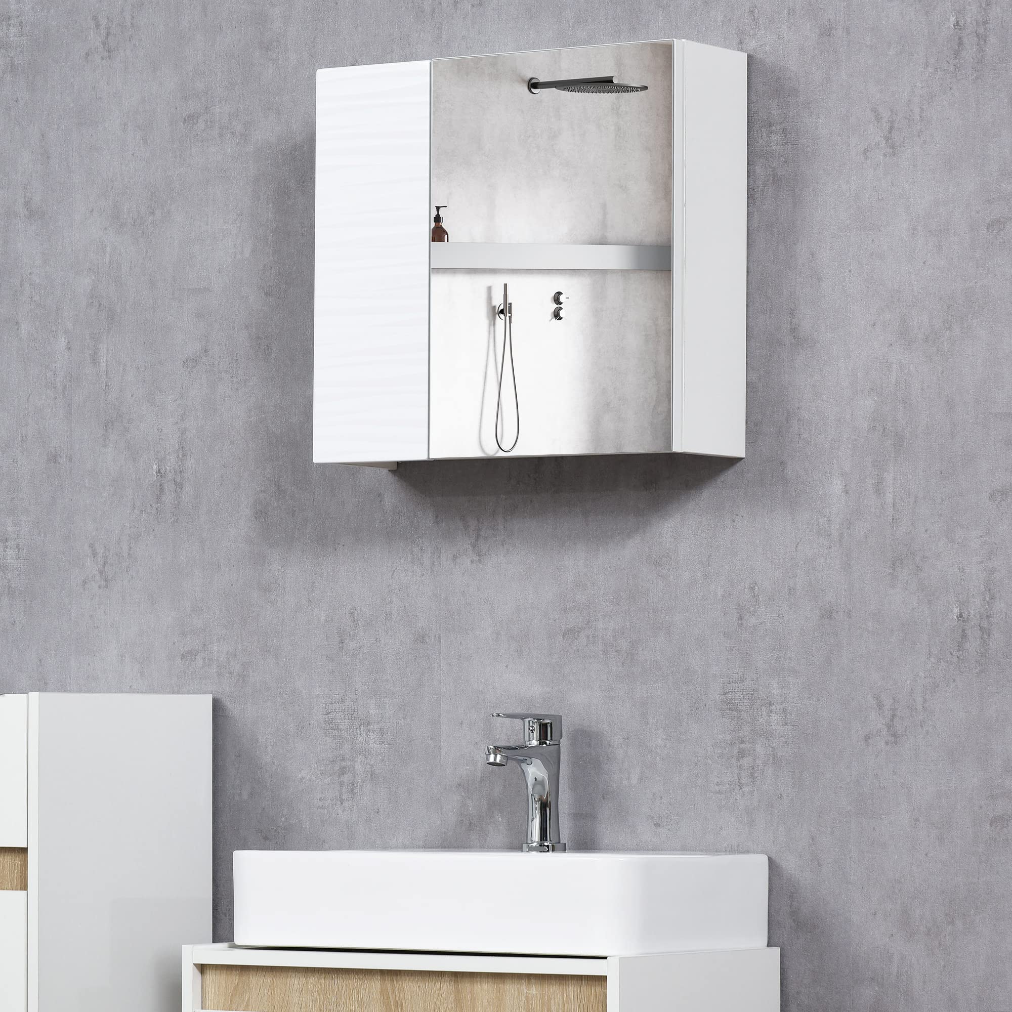 kleankin Mobile Bagno con Specchio, 2 Ante e Ripiani Regolabili, Specchio Bagno Contenitore in Truciolato e Vetro, Design a Parete, 48x15x45 cm, Bianco