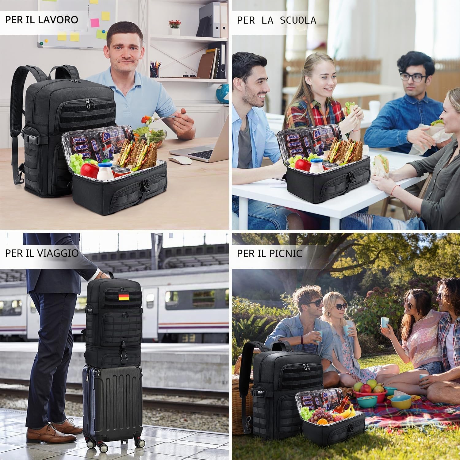 BERTASCHE Zaino Lunch per computer portatile da 17 pollici, con borsa frigo, zaino da lavoro 2 in 1, per uomo, lavoro, università, picnic, Molle, militare, nero, Nero